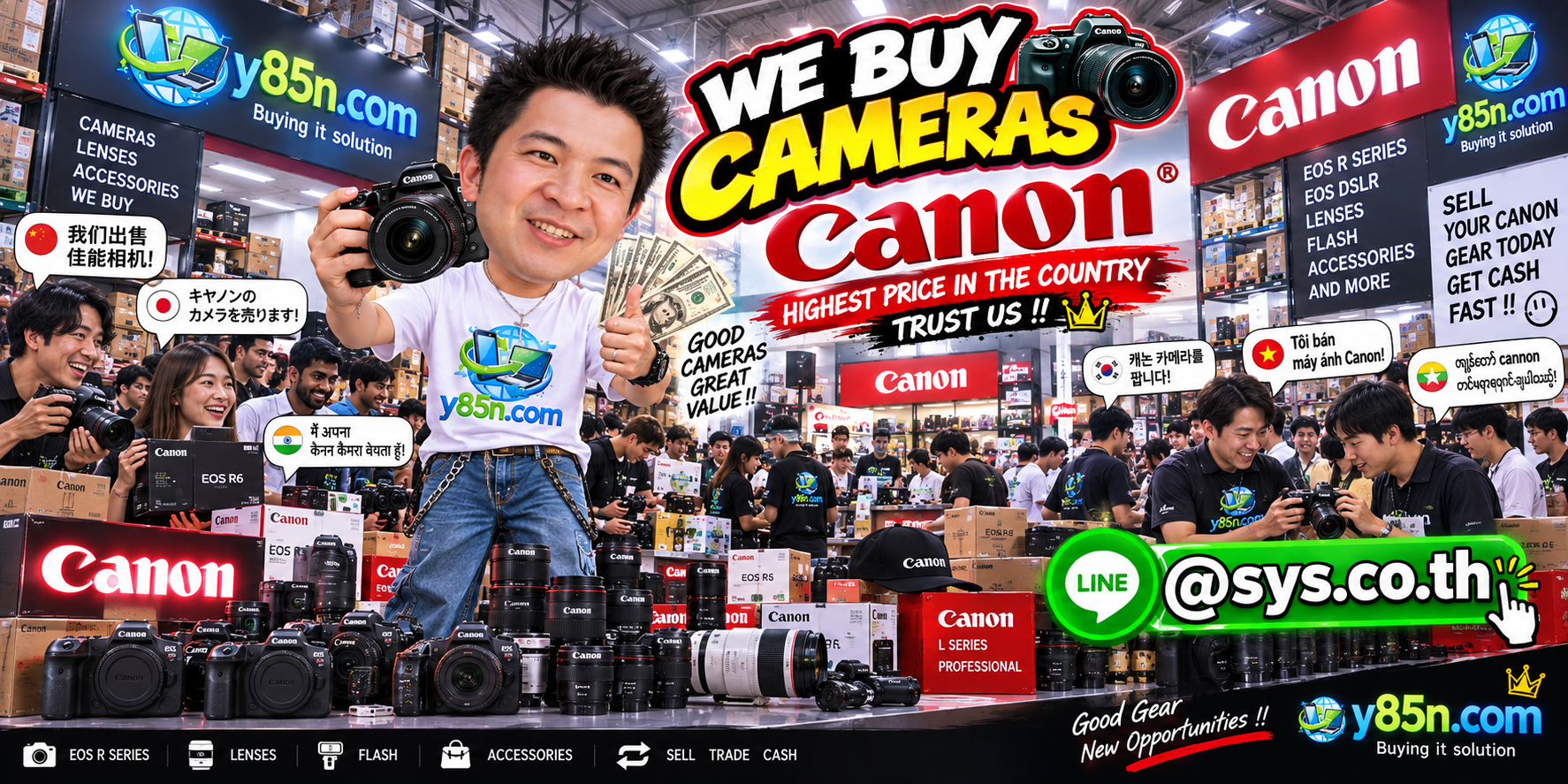 Y85N.com warehouse buying Canon cameras and lenses from international sellers in Thailand