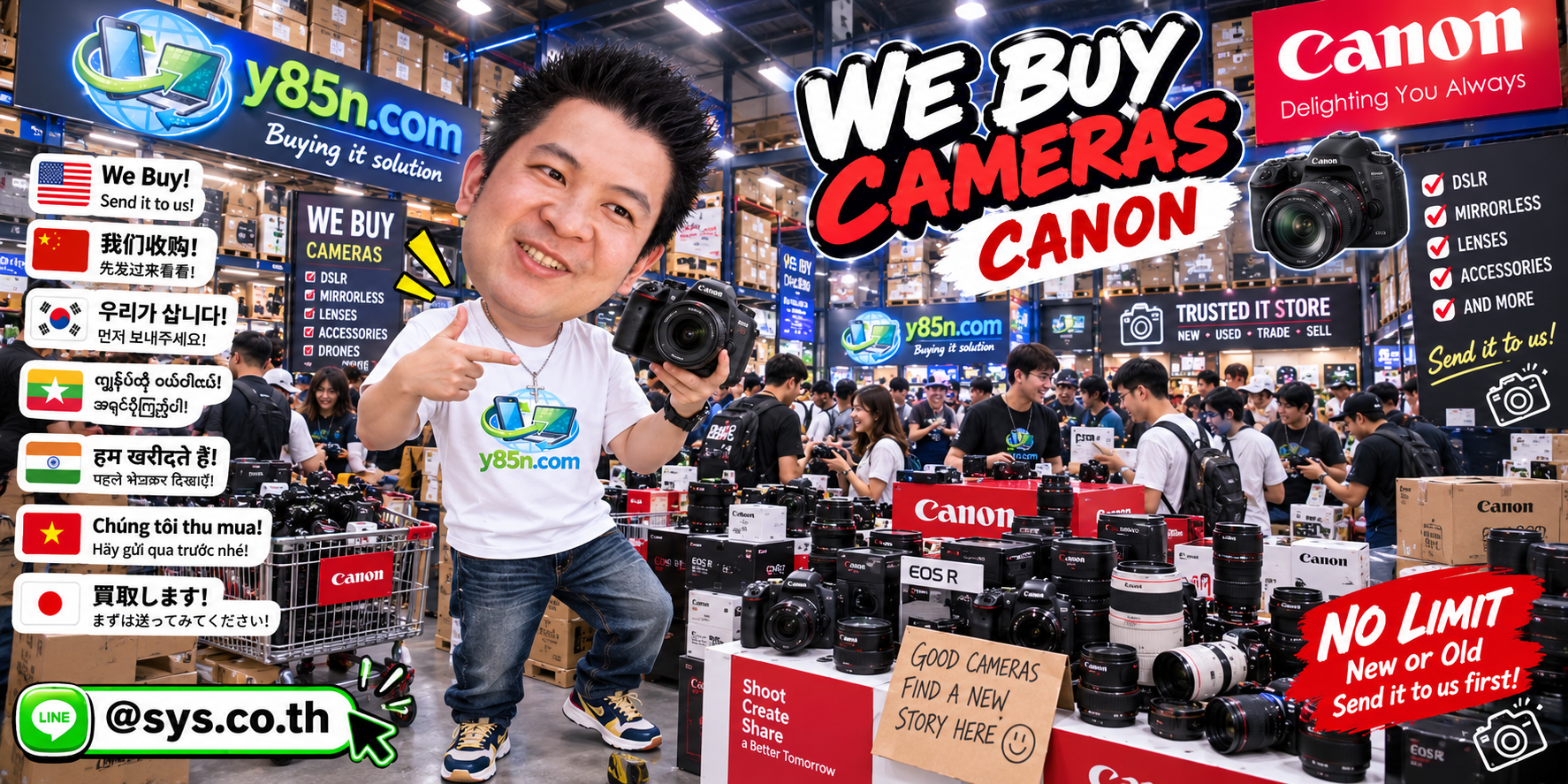 Y85N.com team and international customers at a busy Canon camera buying warehouse