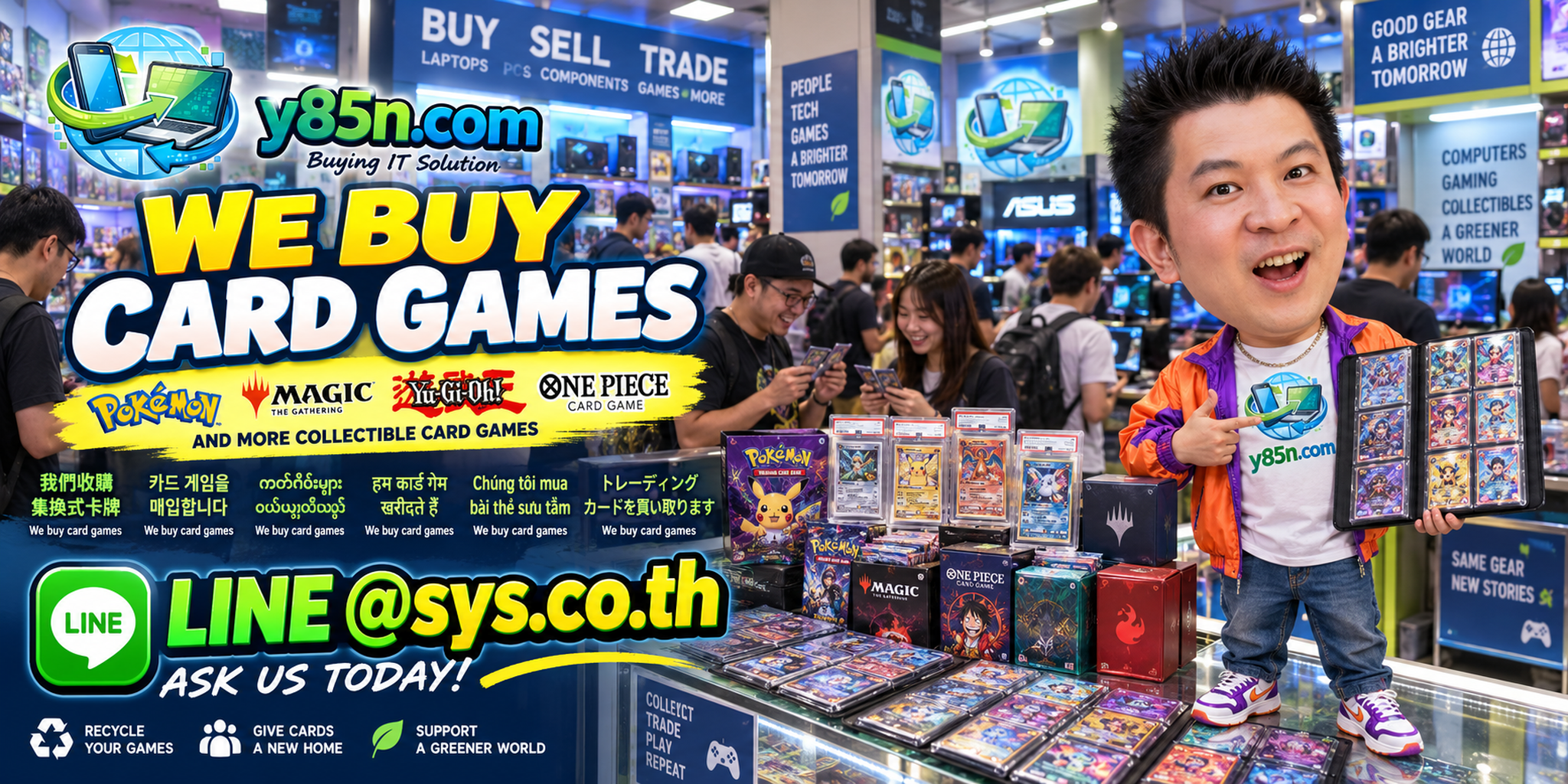 Busy Y85N.com card game buying warehouse in Thailand with collectors and trading cards