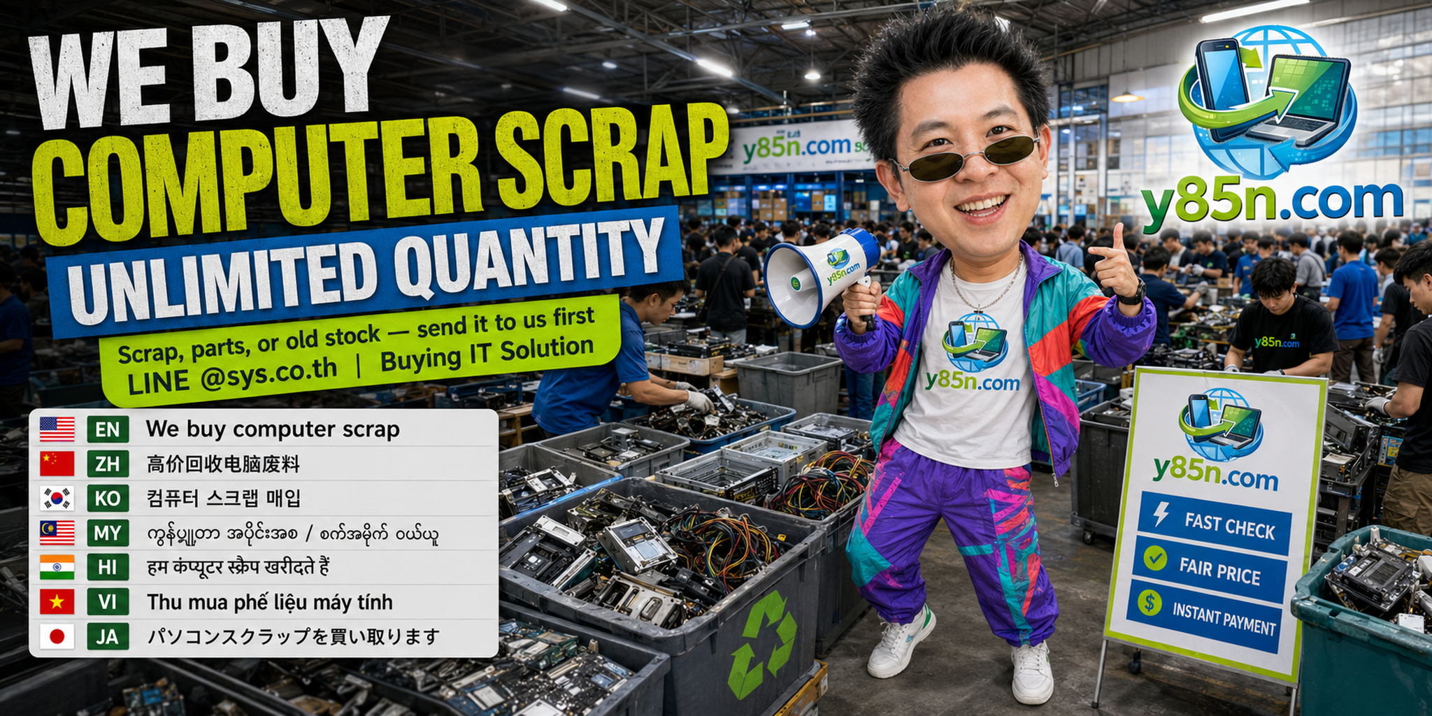 Y85N.com warehouse buying computer scrap and old IT equipment from international sellers