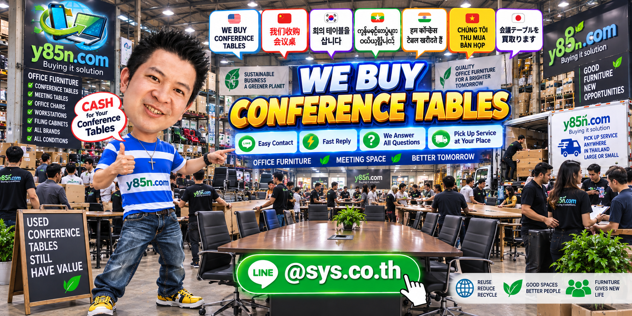 Y85N.com conference table buying contact banner with LINE at sys.co.th