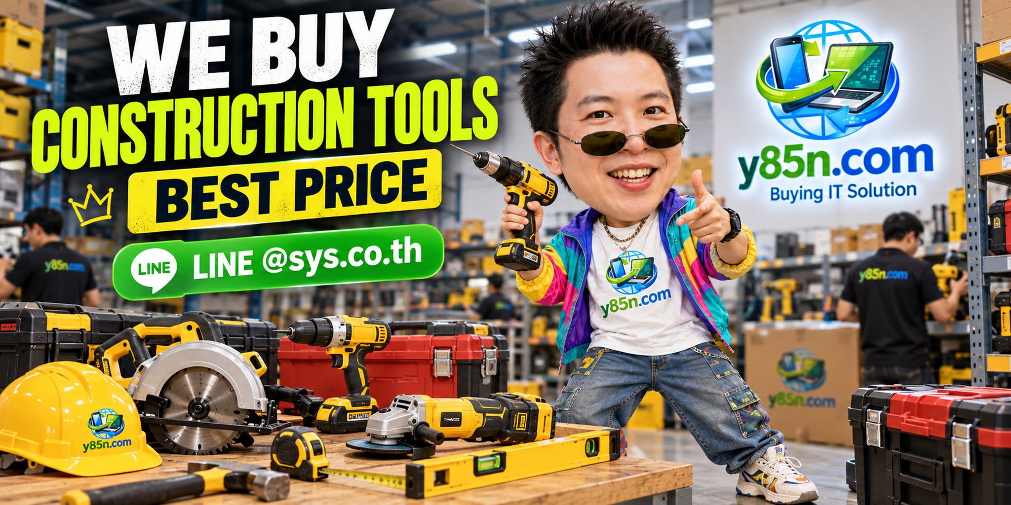 Y85N.com warehouse buying used construction tools with international seller messaging