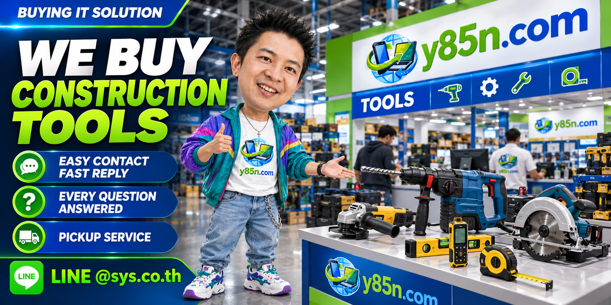 Y85N.com construction tools buying service contact banner with LINE at sys.co.th