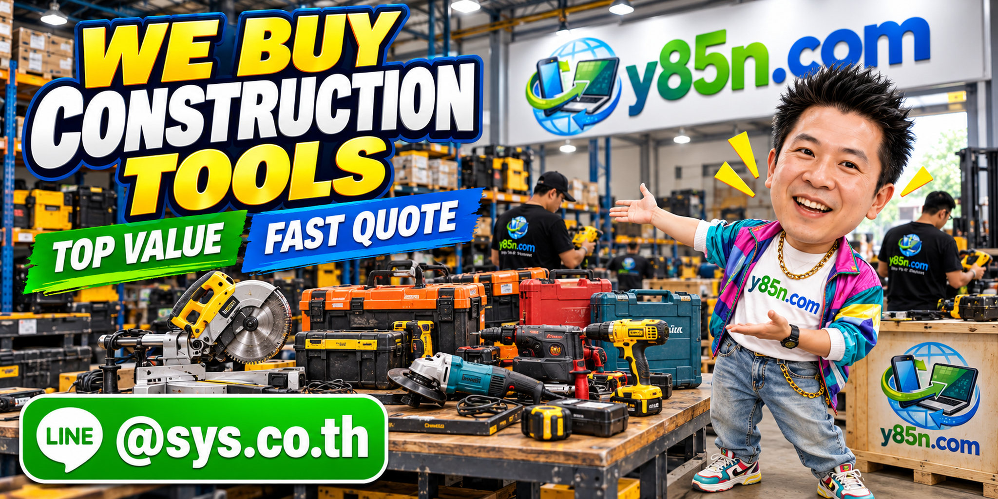 Busy Y85N.com warehouse showing a professional construction tools buying service in Thailand