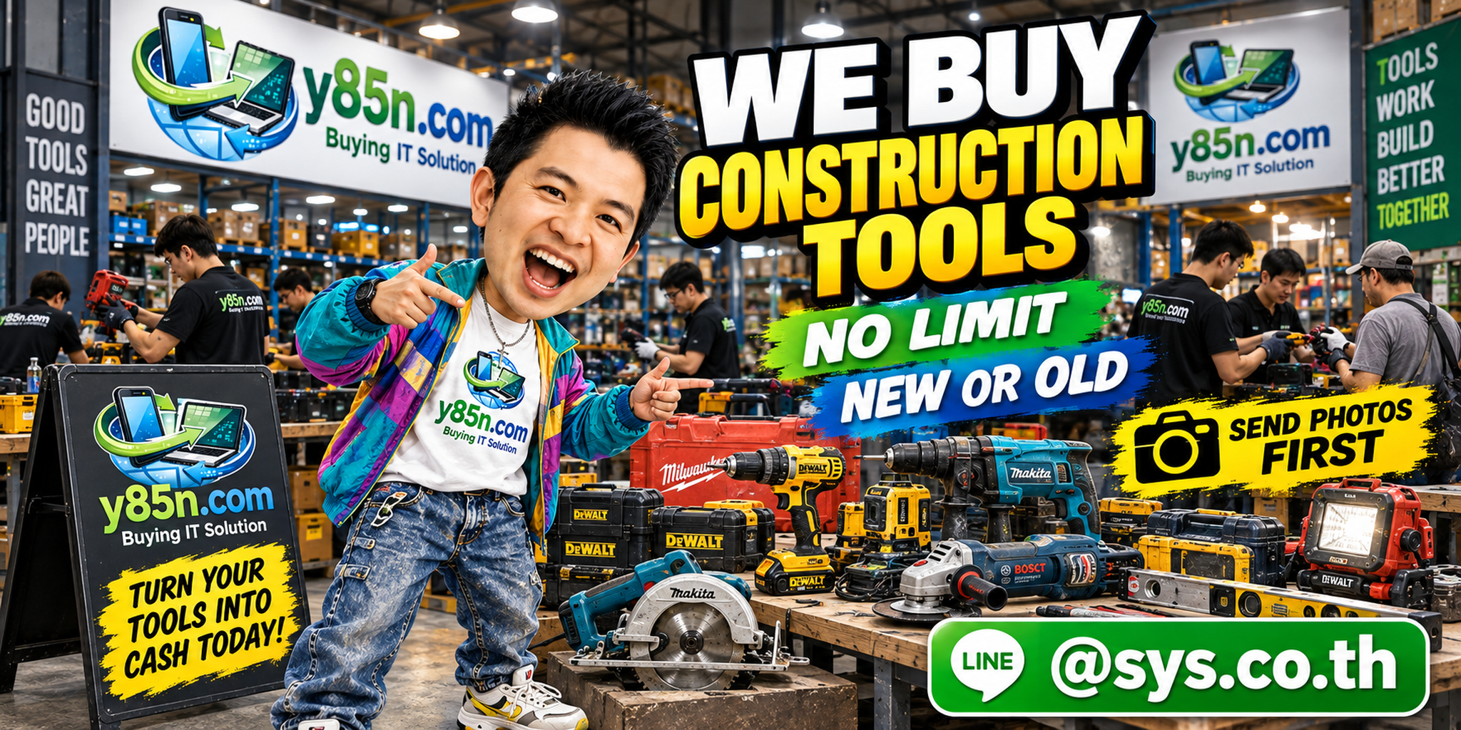 Y85N.com team and customers at a busy warehouse for construction tools and professional equipment