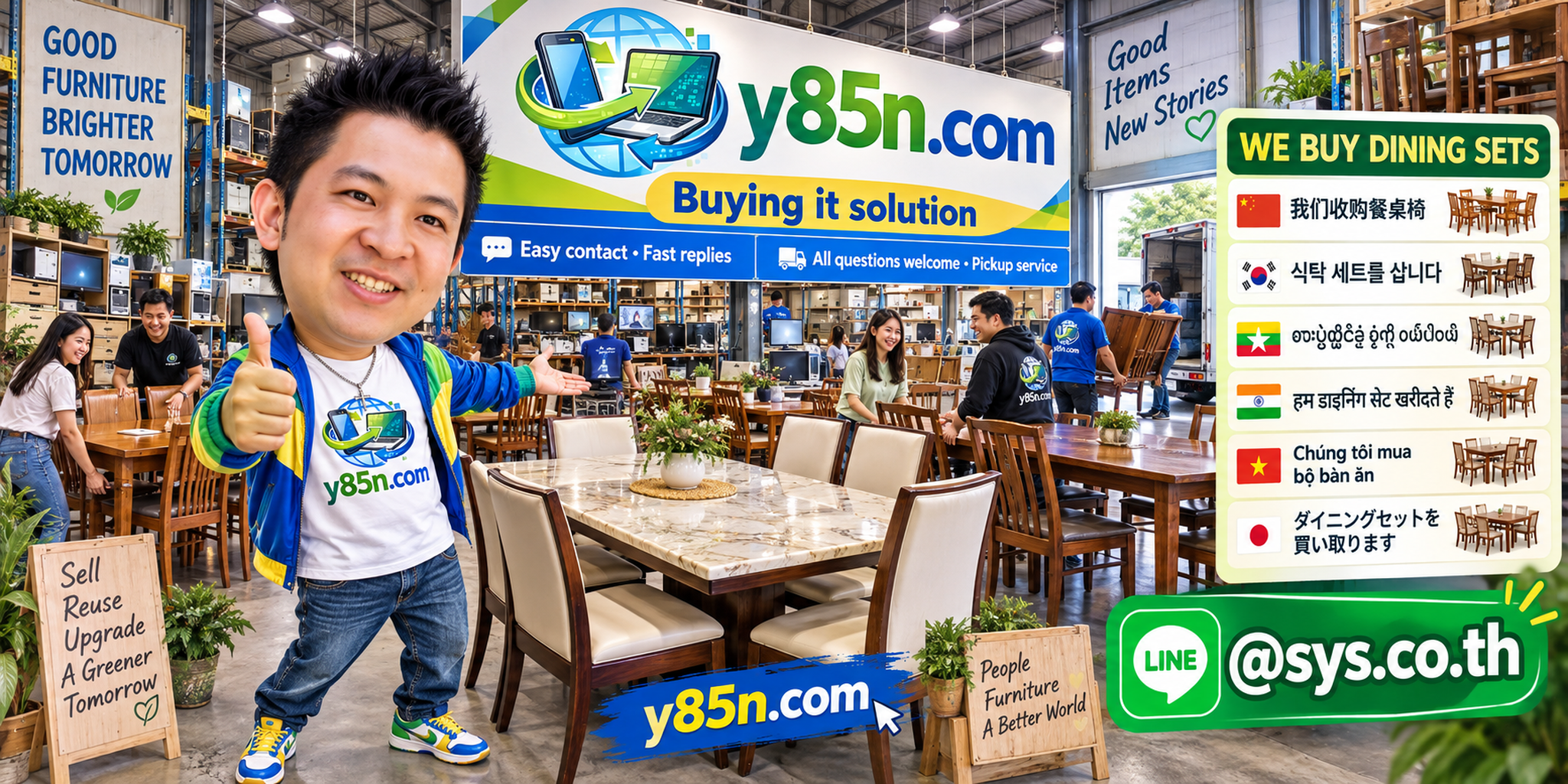 Y85N.com dining set buying contact banner