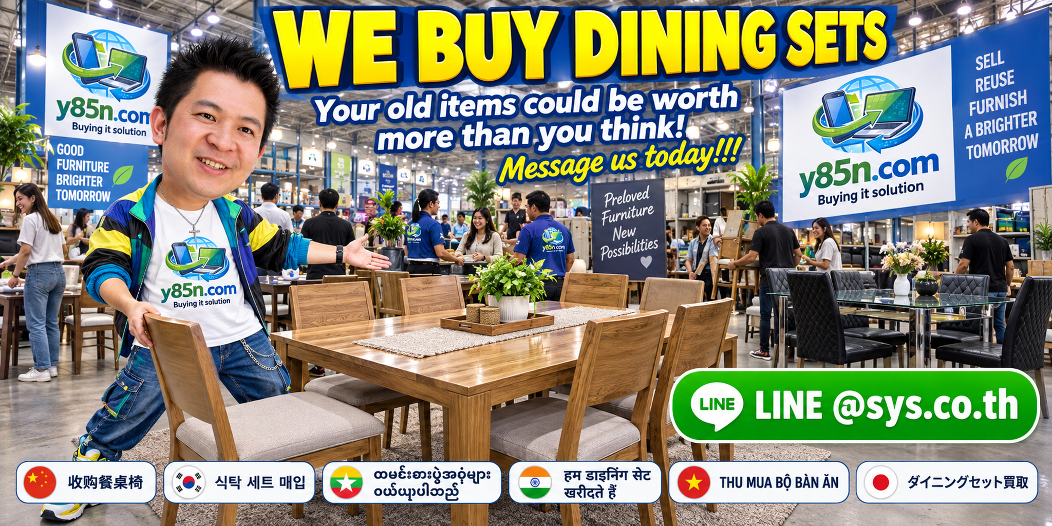 Busy Y85N.com furniture warehouse buying dining sets in Thailand
