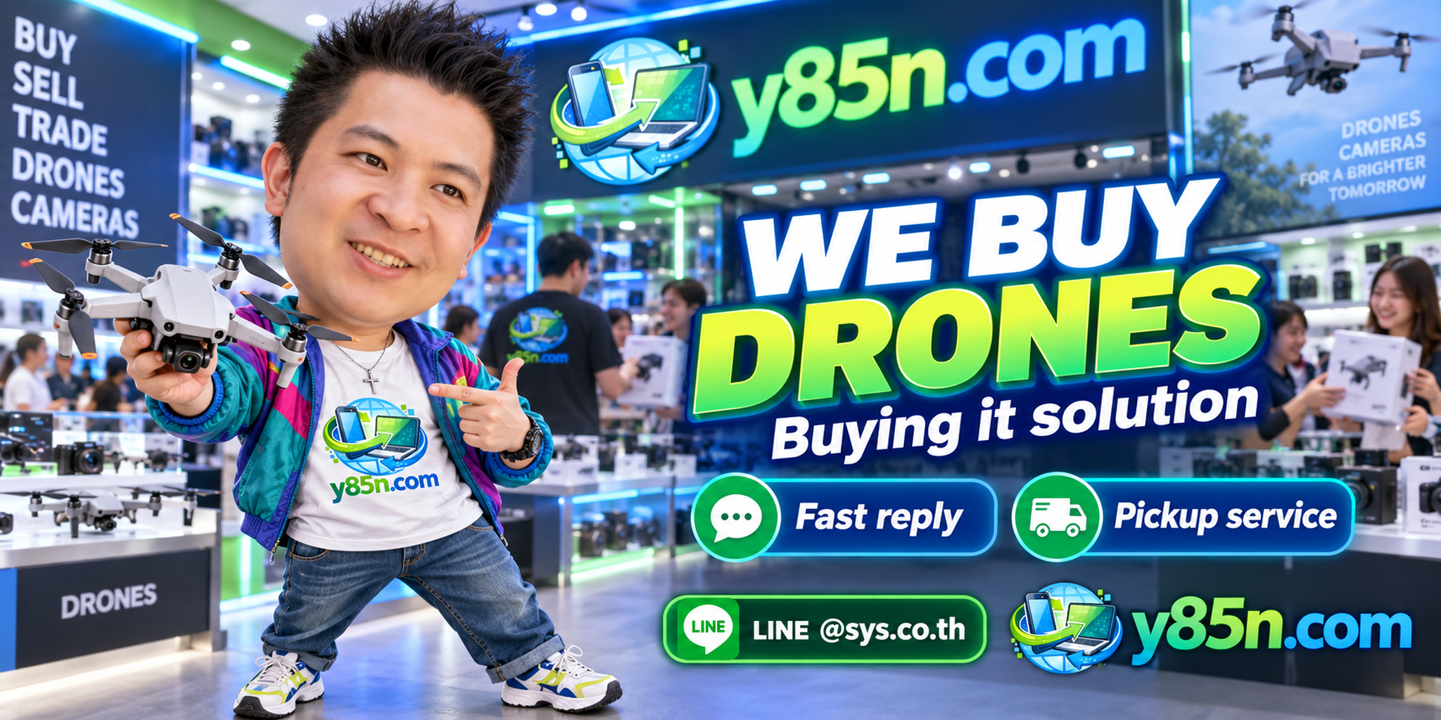 Y85N.com drone buying contact banner with LINE @sys.co.th