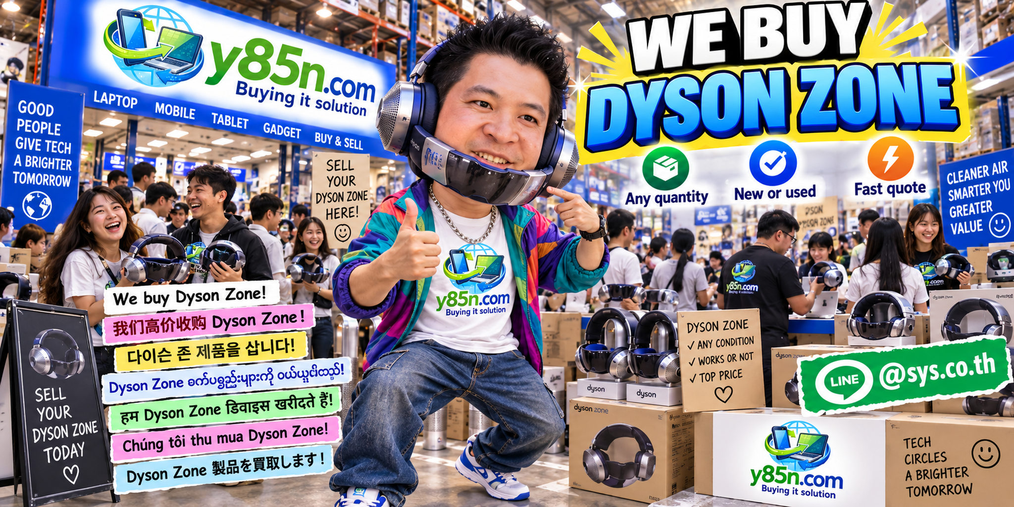 Y85N.com warehouse scene showing Dyson Zone buying and seller support in Thailand