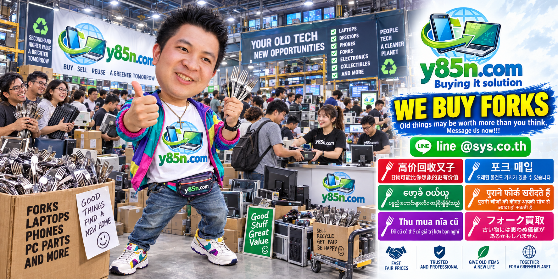 Busy Y85N.com warehouse buying forks and flatware from sellers in Thailand