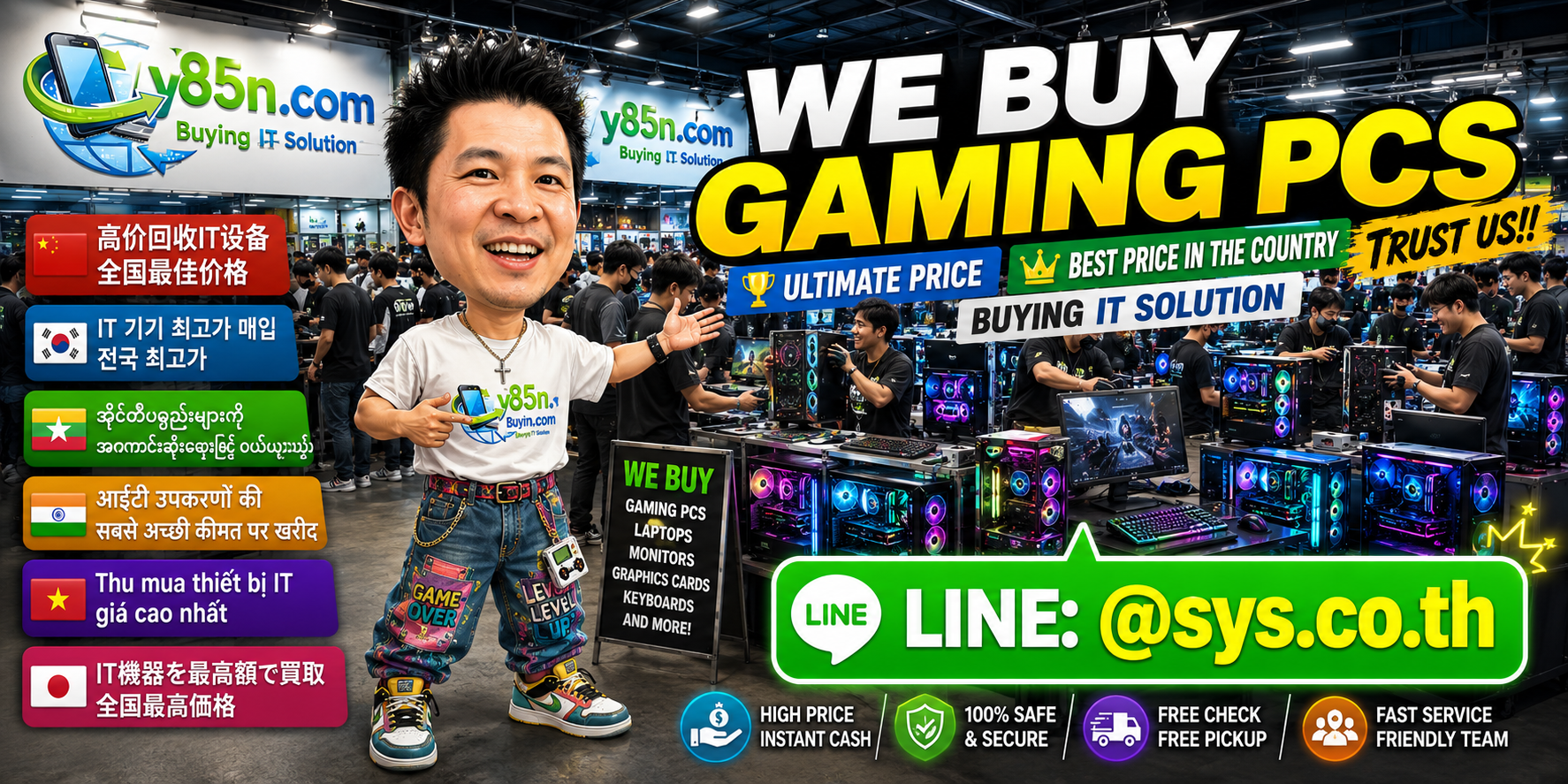 Busy Y85N.com gaming PC buying warehouse in Thailand with gaming desktops and customers