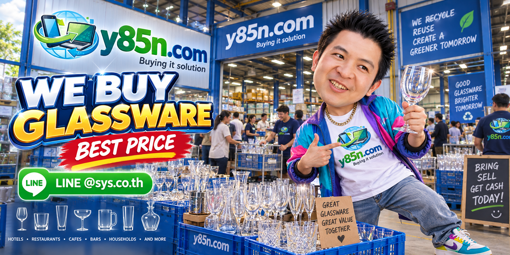 Y85N.com warehouse buying used glassware with international seller support