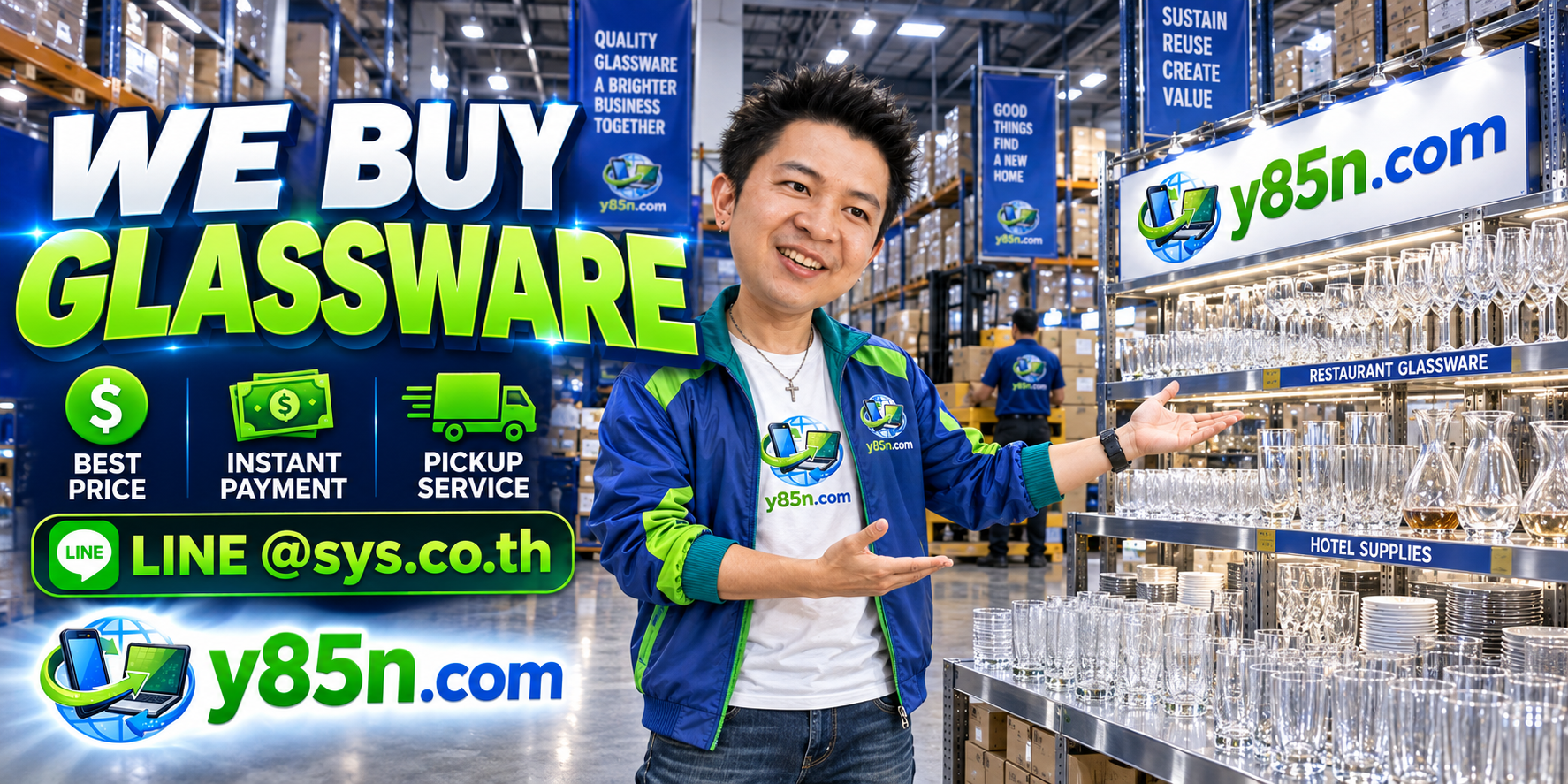 Y85N.com glassware buying service contact banner with LINE at sys.co.th