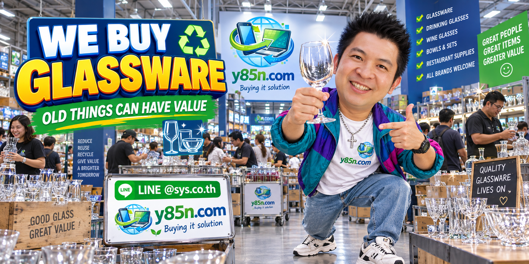 Busy Y85N.com warehouse showing a professional glassware buying service in Thailand