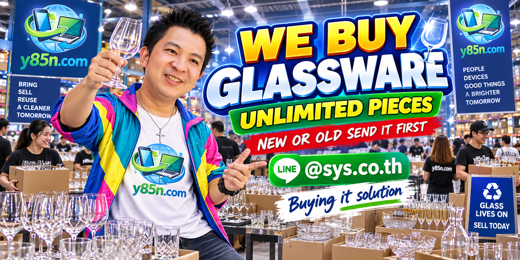 Y85N.com team and customers at a busy glassware buying warehouse in Thailand