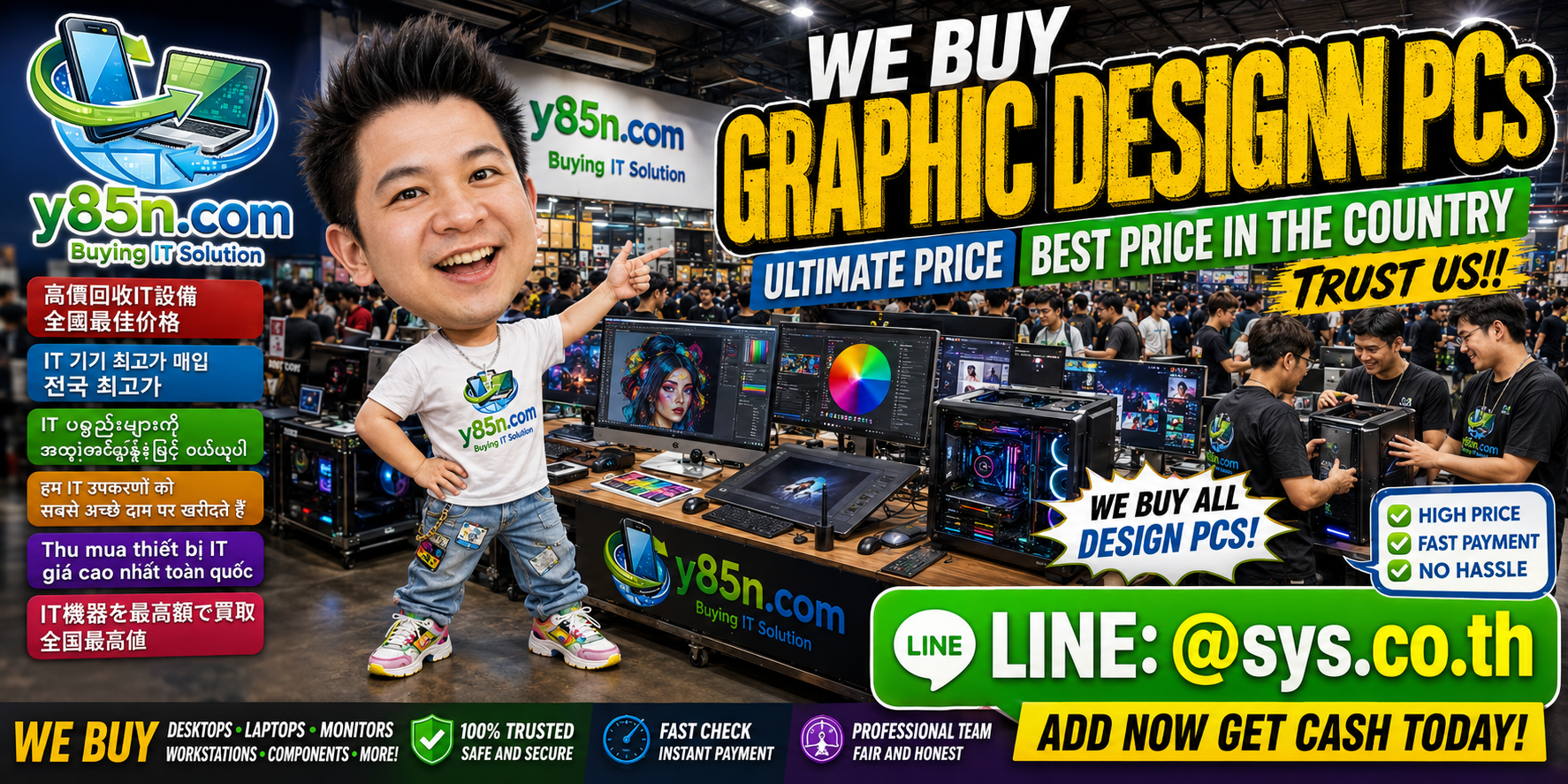 Y85N.com buying graphic design PCs and creative workstations at a busy computer warehouse in Thailand