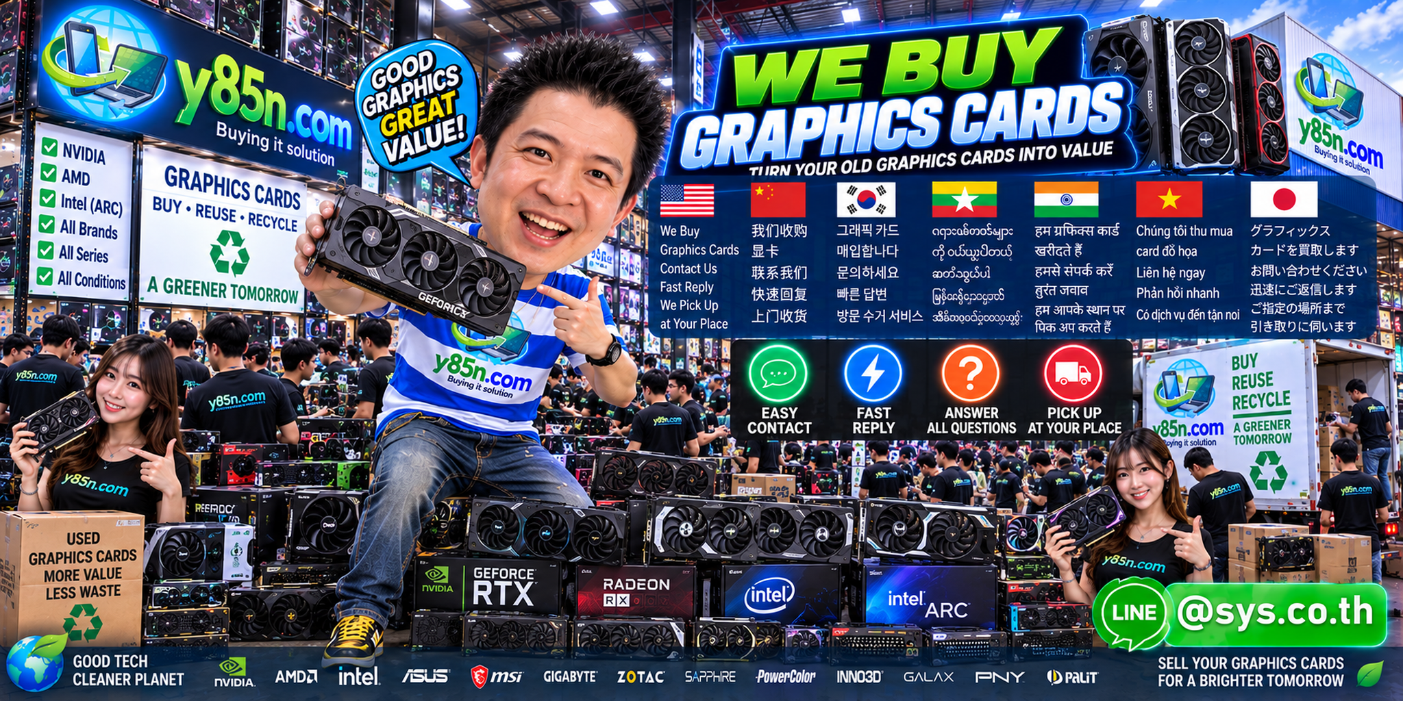 Y85N.com graphics card buying service contact banner with LINE at sys.co.th