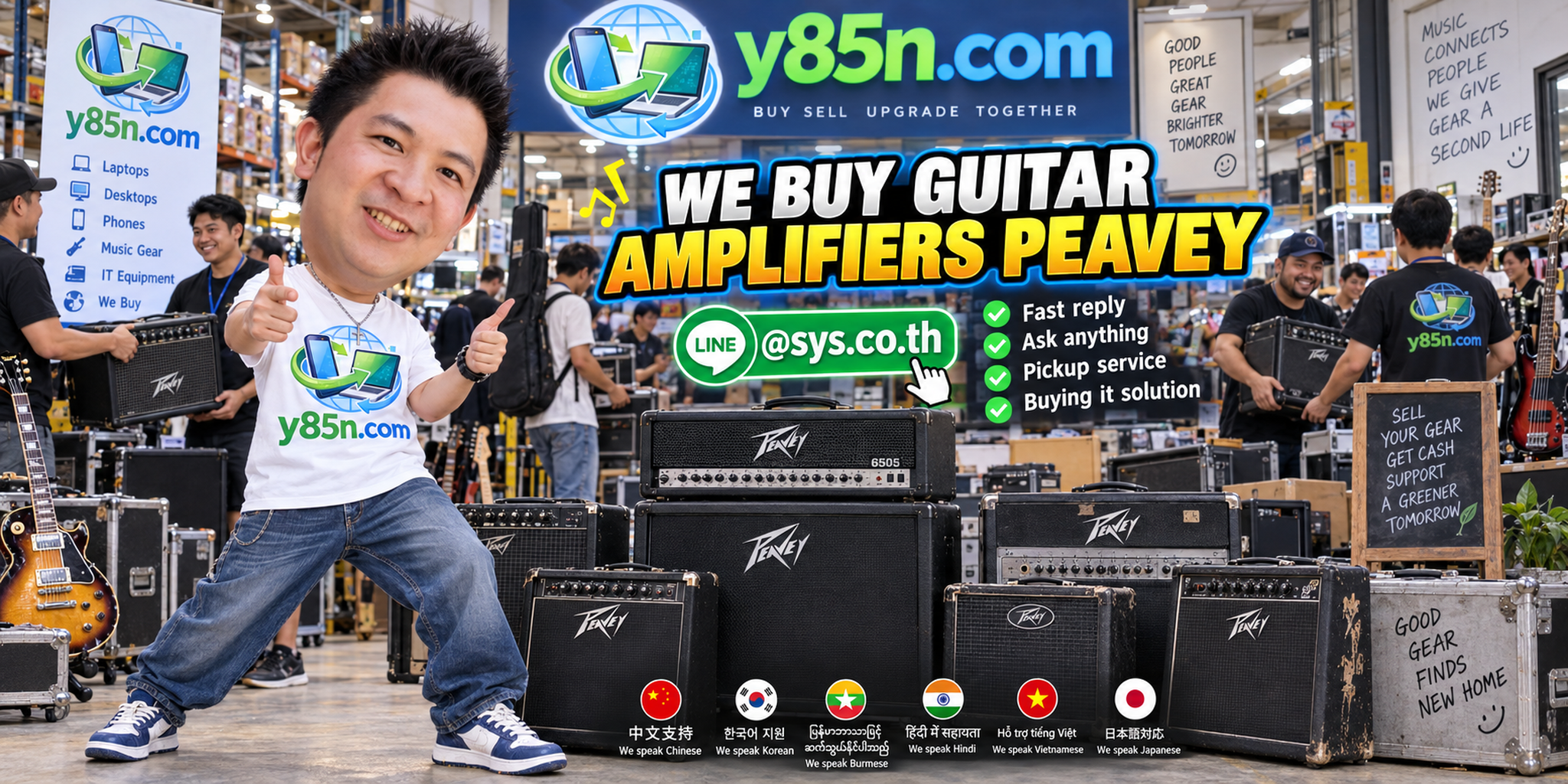 Y85N.com Peavey guitar amplifier buying service contact banner with LINE at sys.co.th