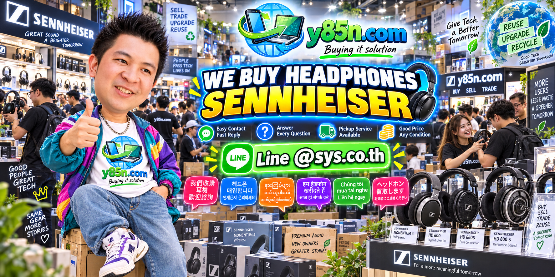 Y85N.com Sennheiser headphone buying service contact banner with LINE @sys.co.th