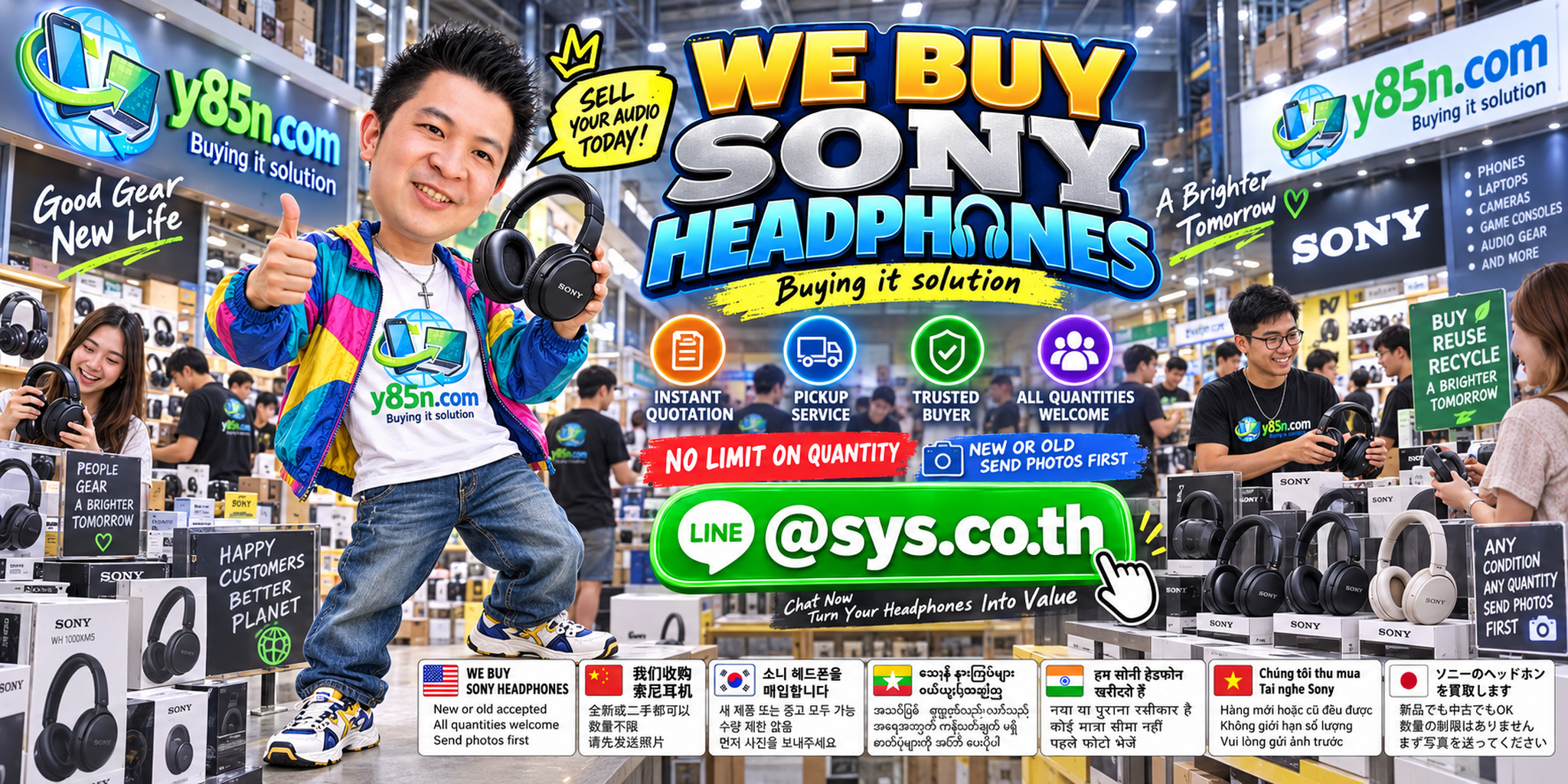 Y85N.com Sony headphone buying team in a busy Thailand electronics warehouse