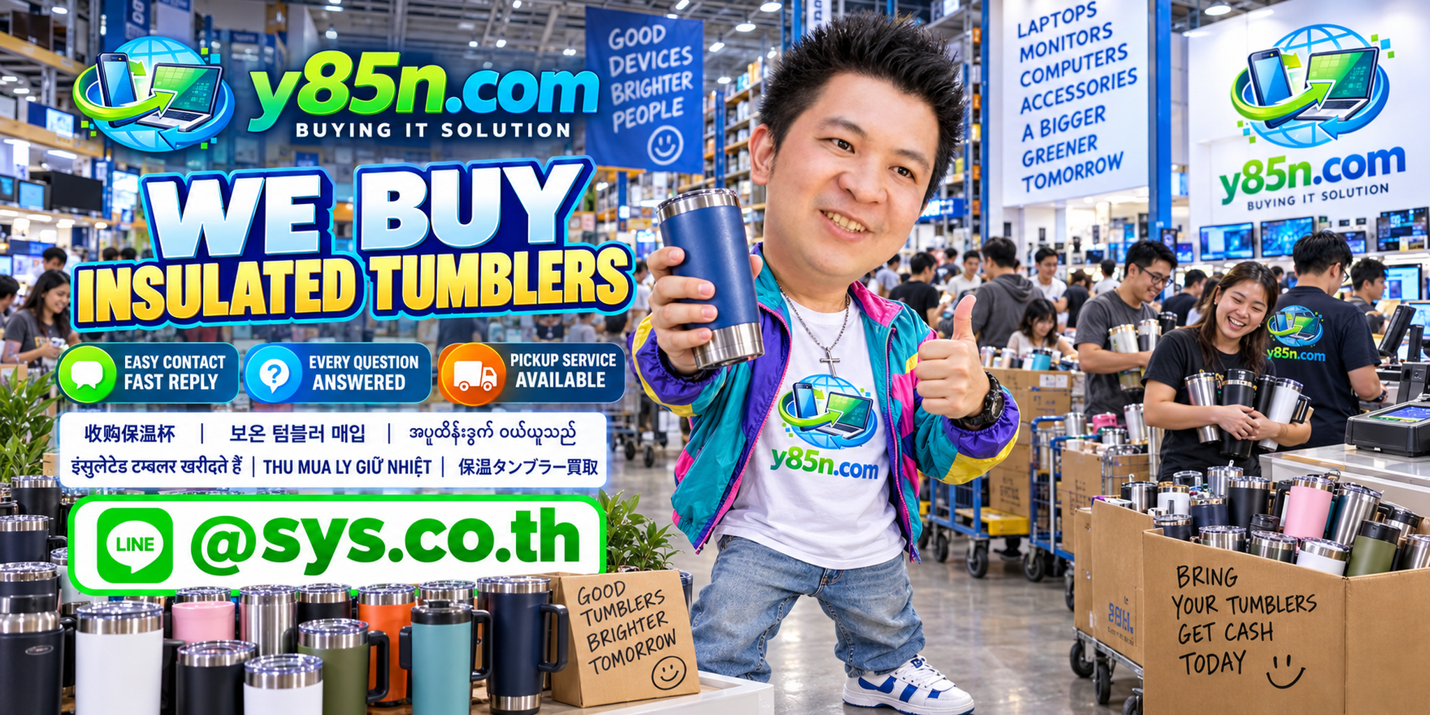 Y85N.com insulated tumbler buying contact banner with LINE at sys.co.th