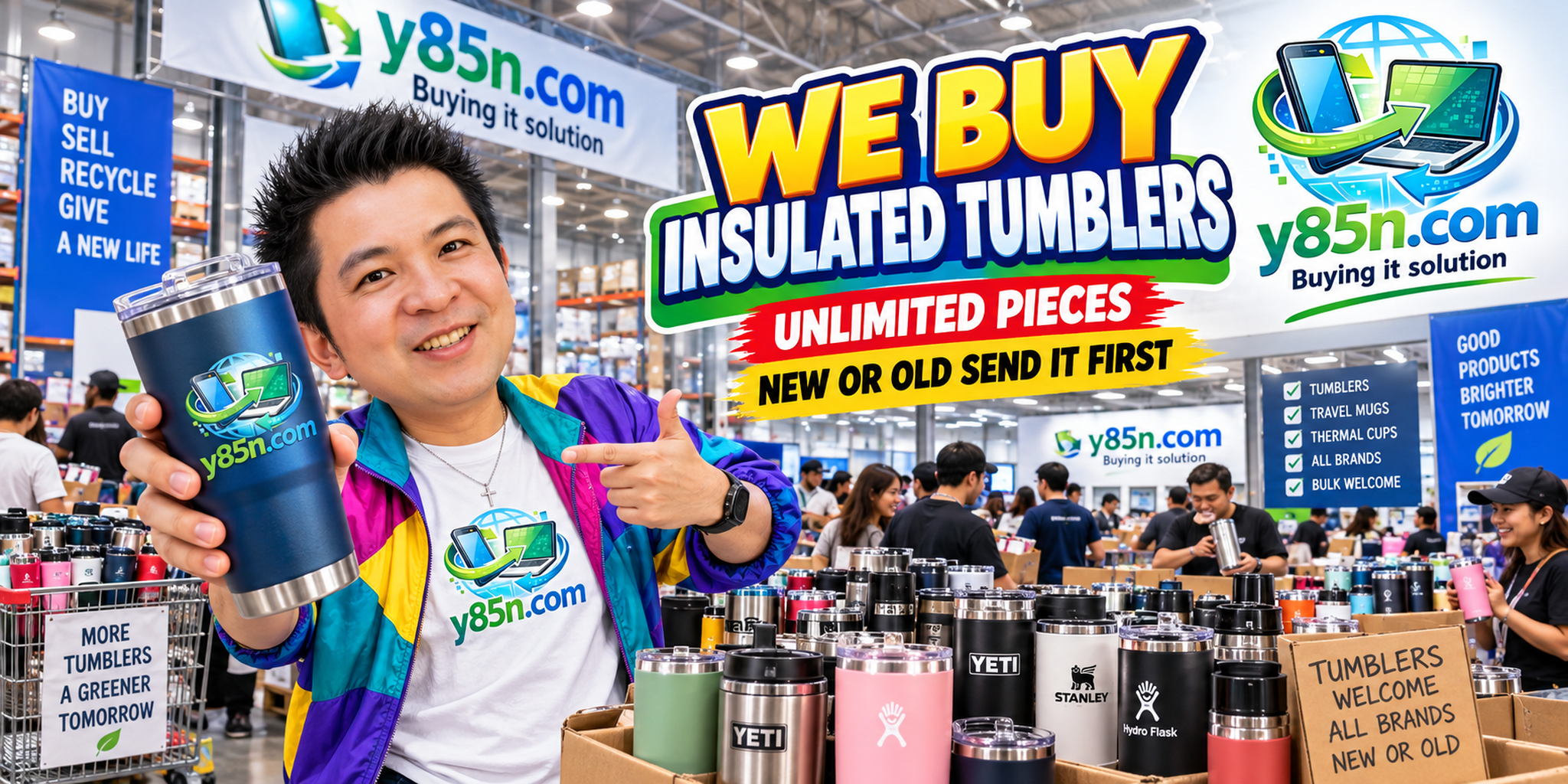 Y85N.com team and customers at a busy insulated tumbler buying warehouse