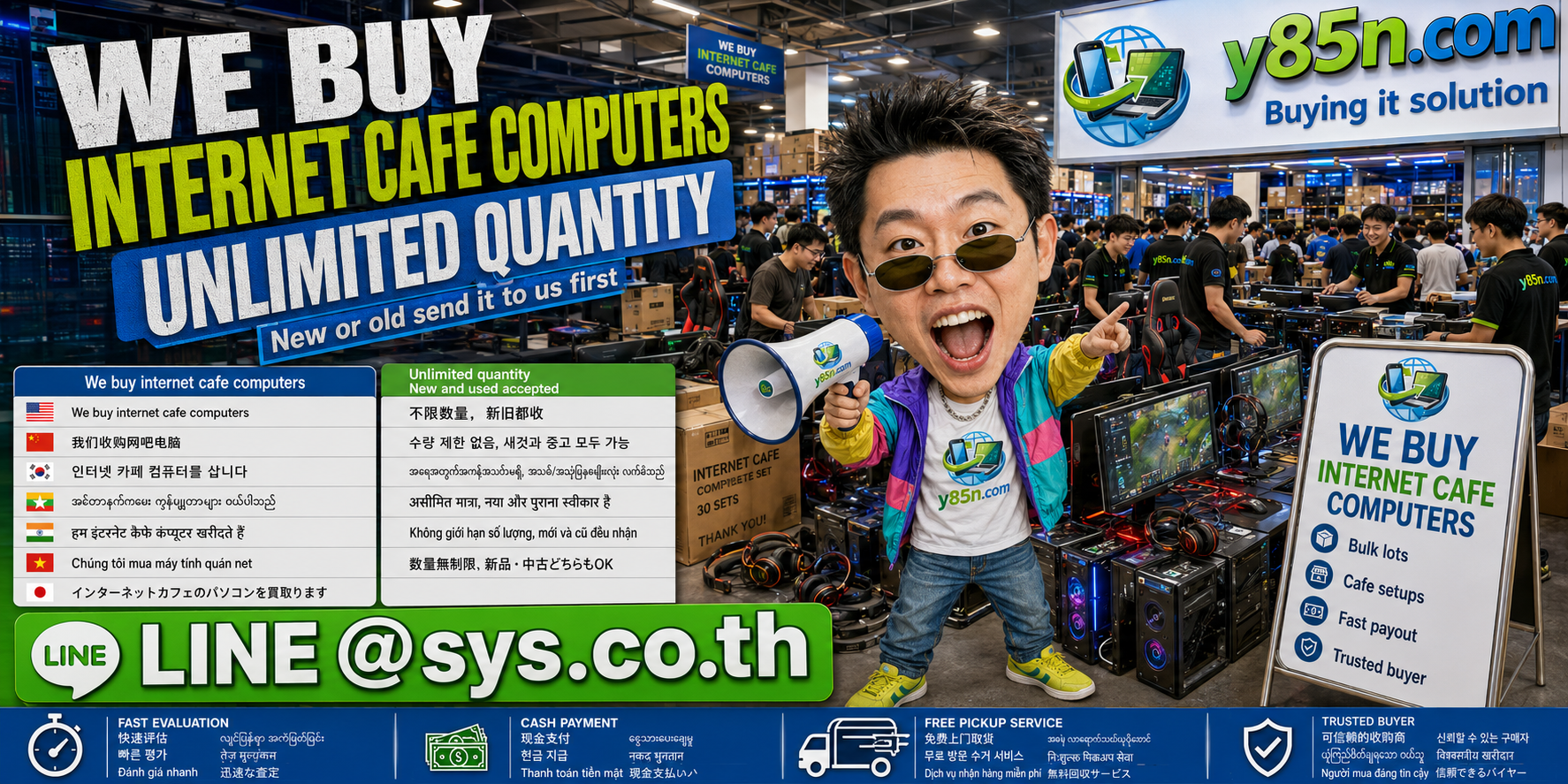 Y85N.com warehouse buying internet cafe computers with international seller messaging
