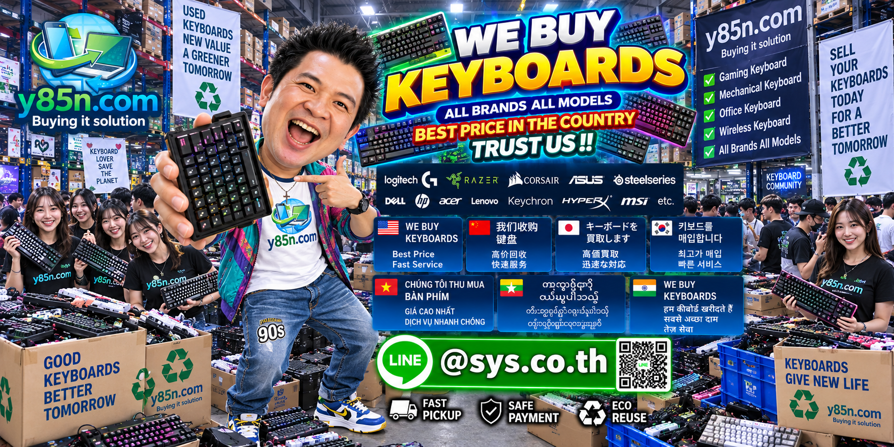 Y85N.com keyboard buying warehouse with international seller messaging