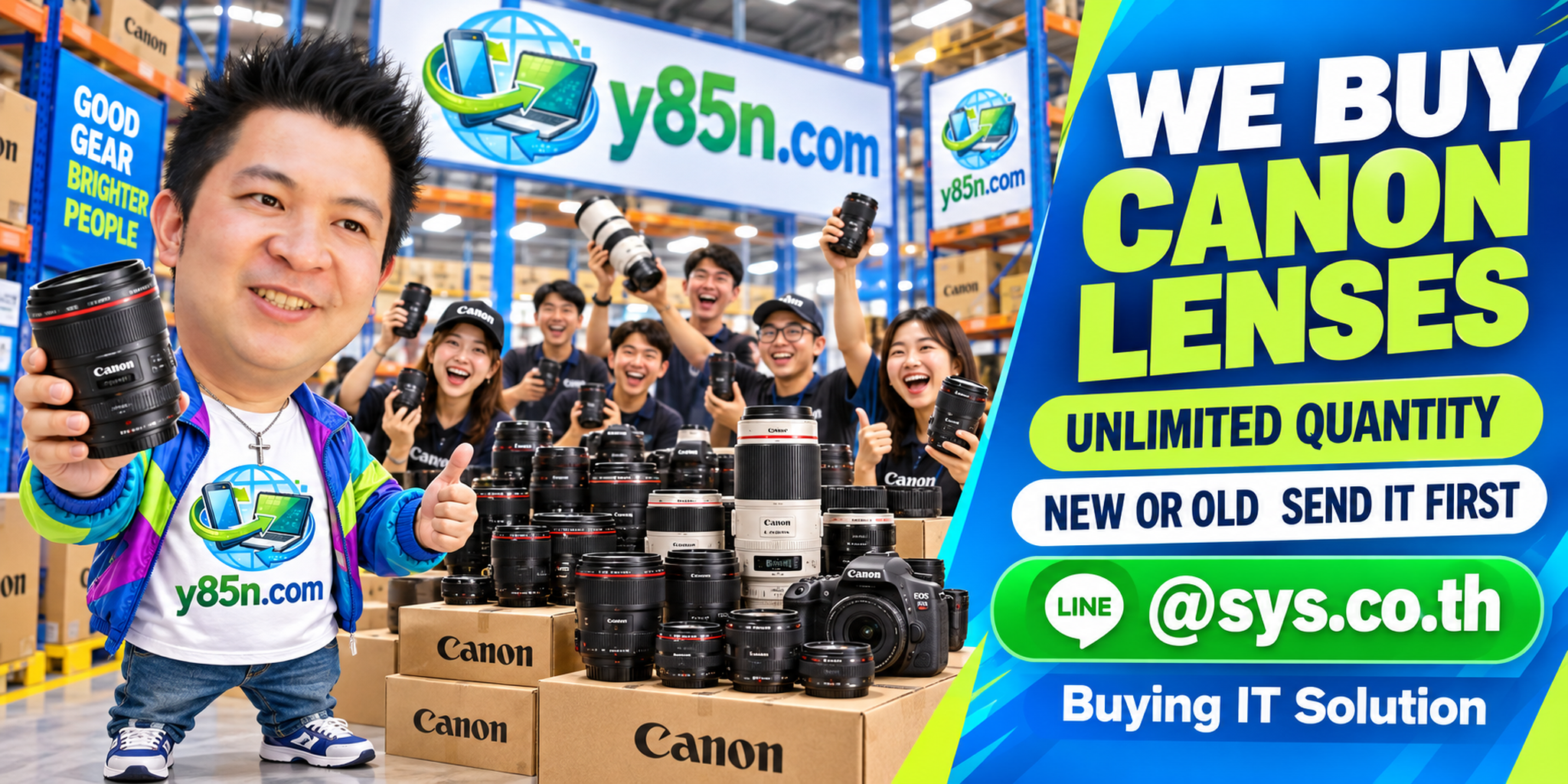 Y85N.com team and customers at a busy Canon lens buying counter in Thailand