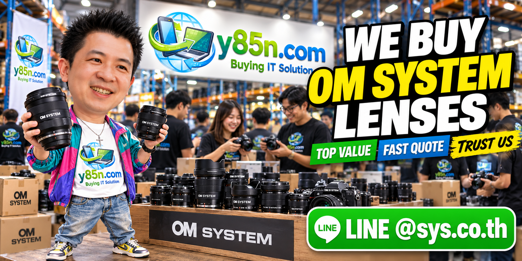 Busy Y85N.com lens buying warehouse promoting OM SYSTEM lens purchasing in Thailand