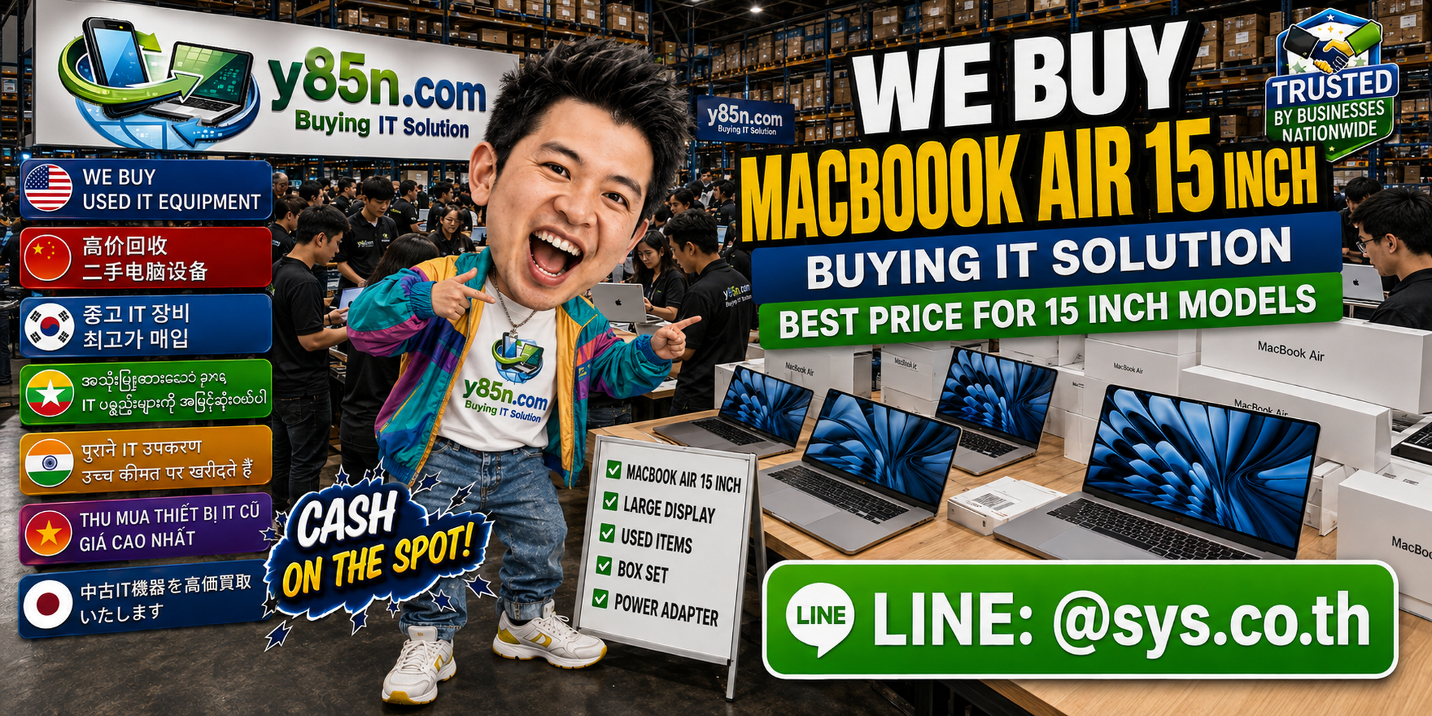 Y85N.com team and customers at a busy MacBook Air 15 Inch buying warehouse