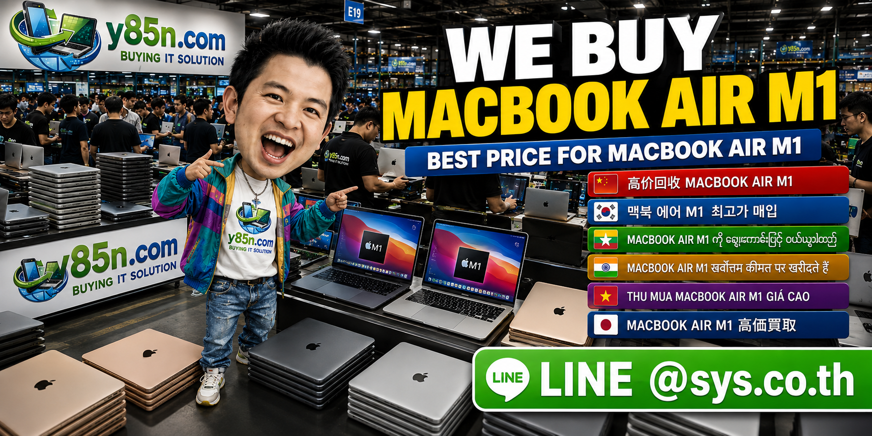 Y85N.com MacBook Air M1 buying service contact banner with LINE at sys.co.th