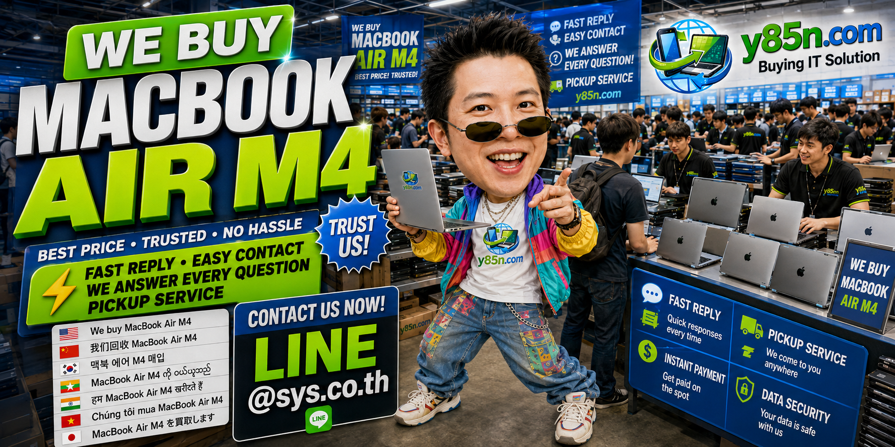 MacBook Air M4 buying contact banner for Y85N.com and LINE at sys.co.th