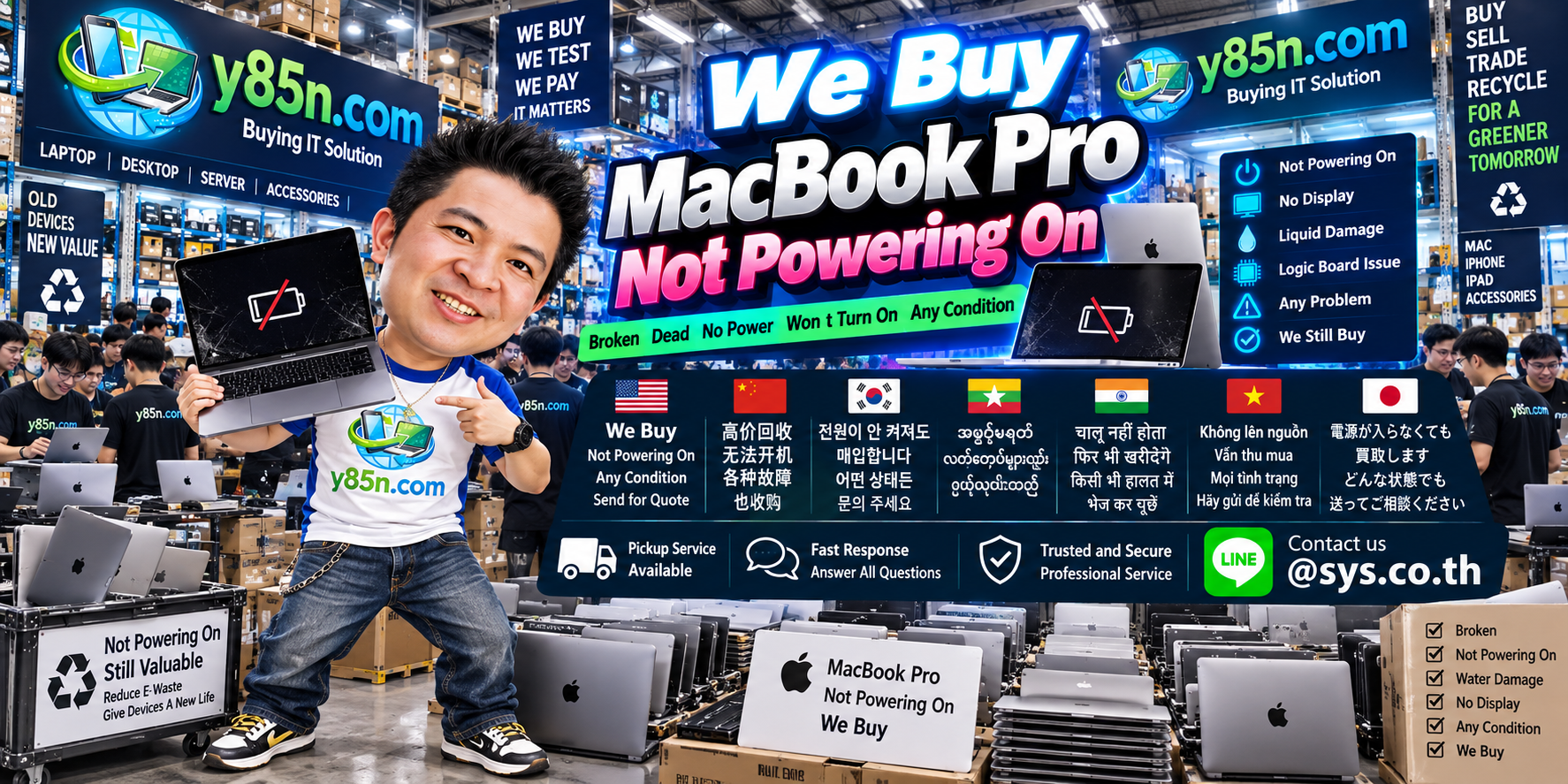 Y85N.com final banner for buying MacBook Pro computers that do not power on in Thailand