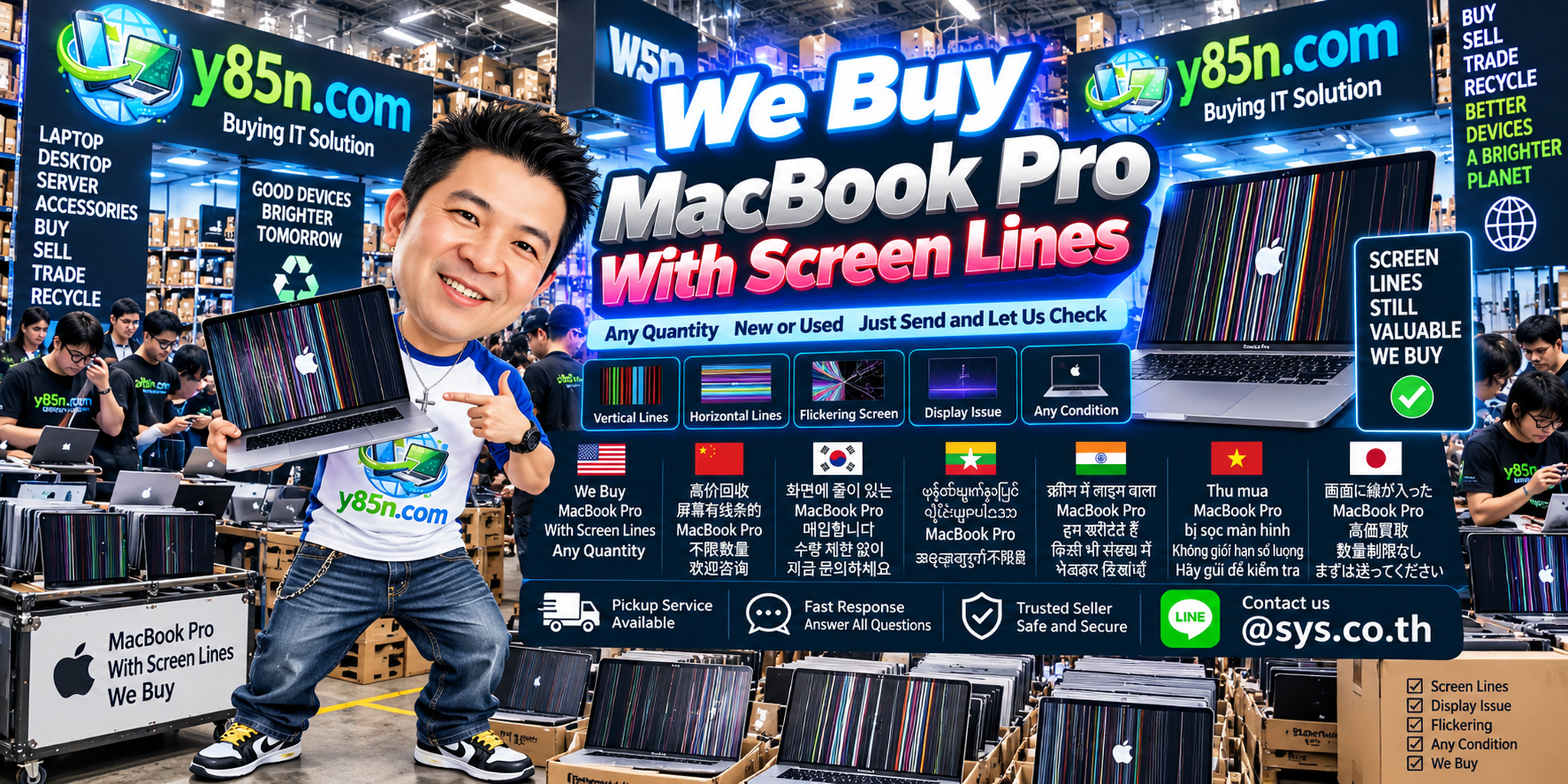 Y85N.com warehouse buying MacBook Pro with screen lines and related used Apple equipment
