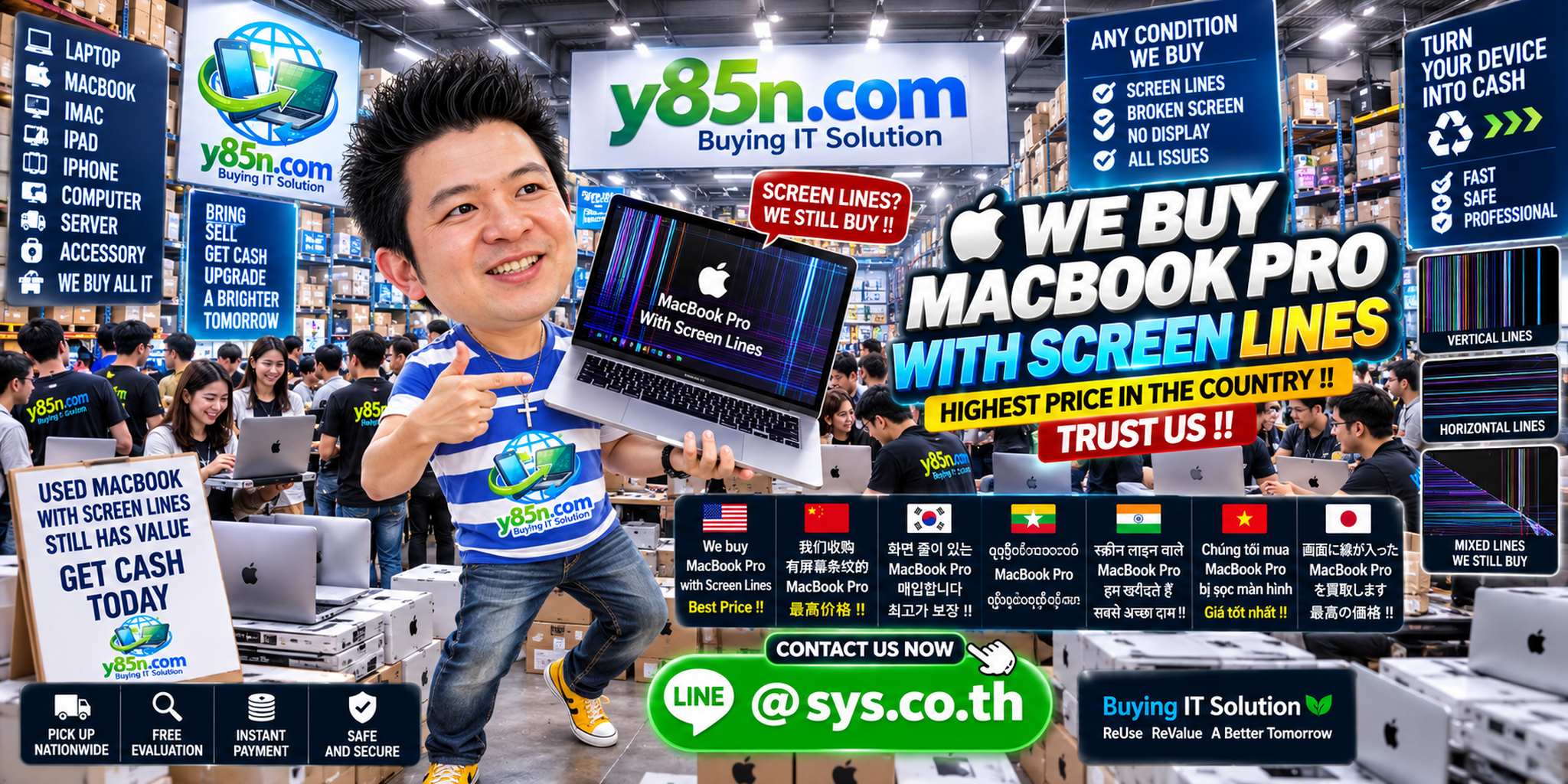 Y85N.com buying MacBook Pro with screen lines in a busy Thailand computer warehouse