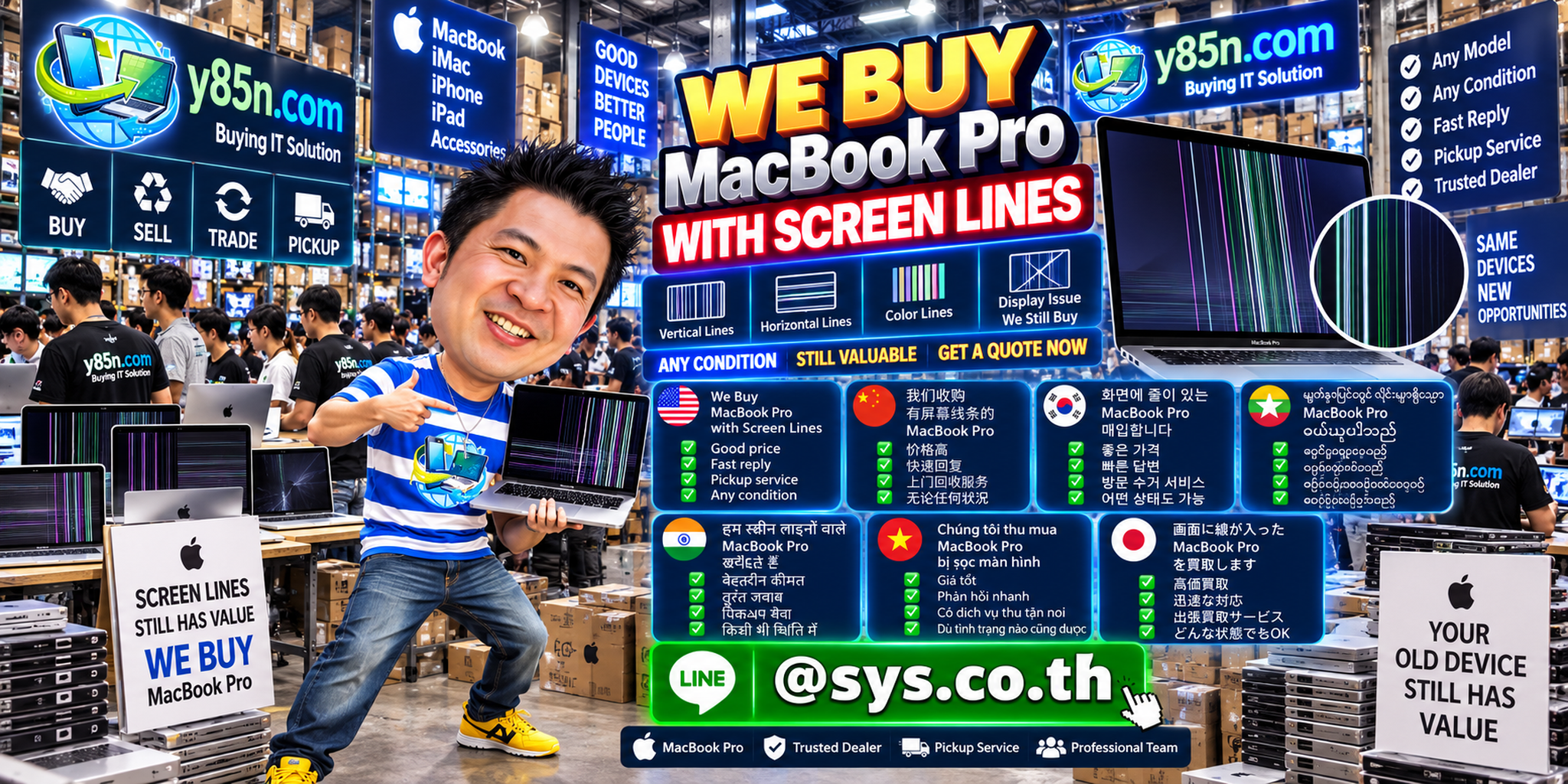 Y85N.com warehouse handling MacBook Pro devices with screen lines and mixed used computer inventories