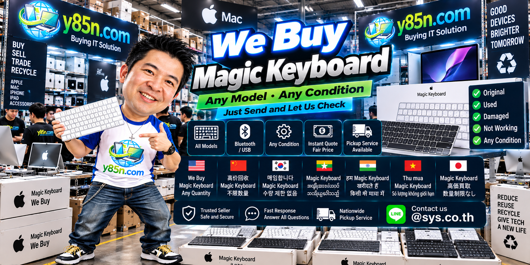 Y85N.com Magic Keyboard buying team in a busy technology warehouse