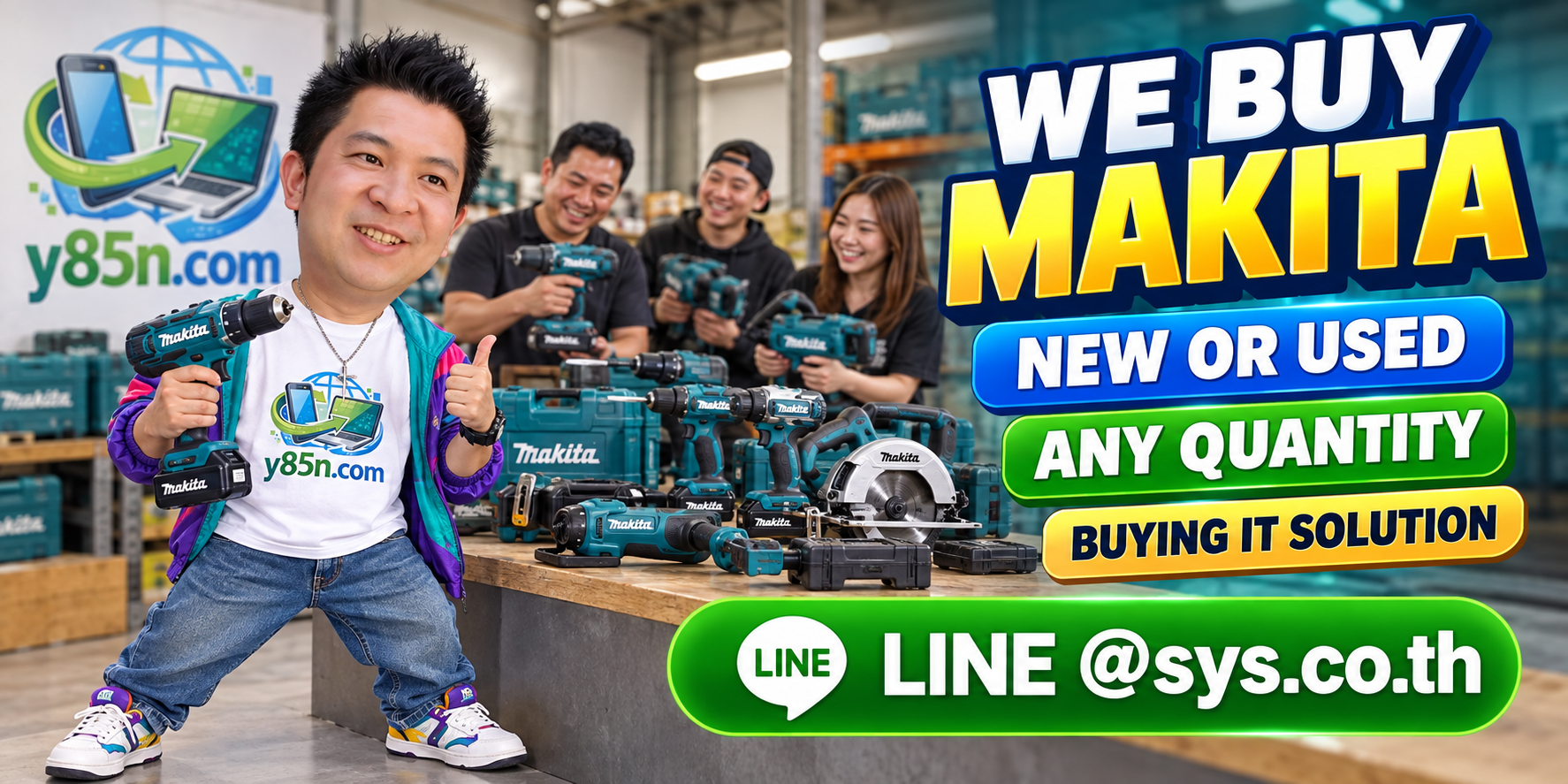 Y85N.com team buying used Makita tools at a busy Thailand warehouse