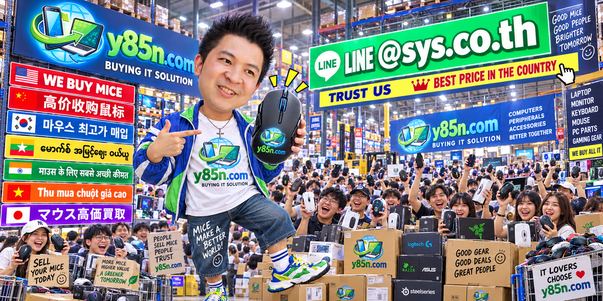 Y85N.com computer warehouse buying used computer mice with international seller messaging