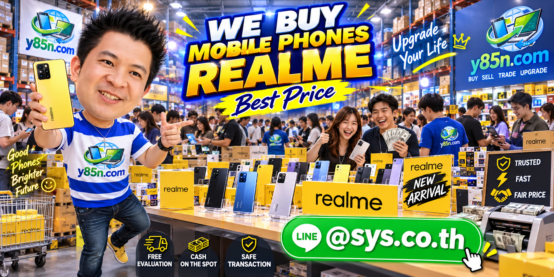 Y85N.com warehouse buying used realme mobile phones with international seller messaging
