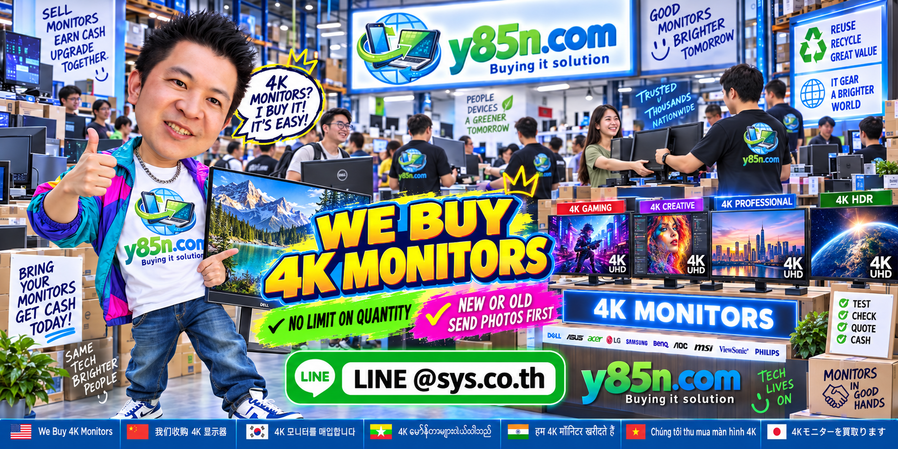 Y85N.com team buying 4K monitors in a busy technology warehouse
