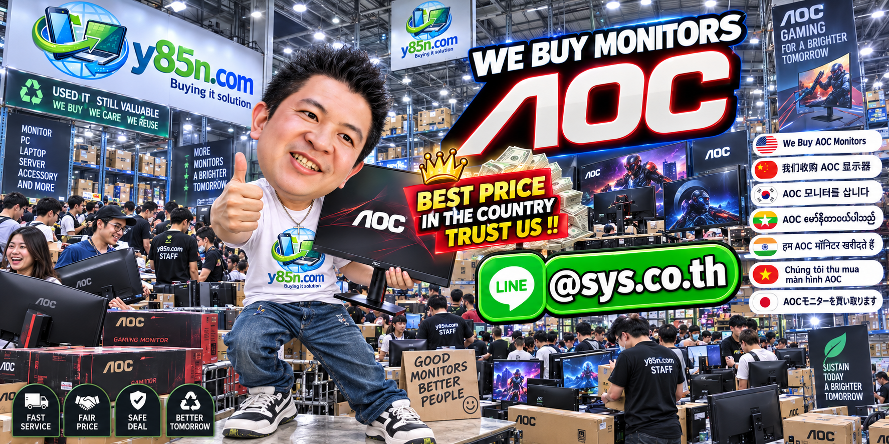 Y85N.com warehouse buying used AOC monitors with international seller support