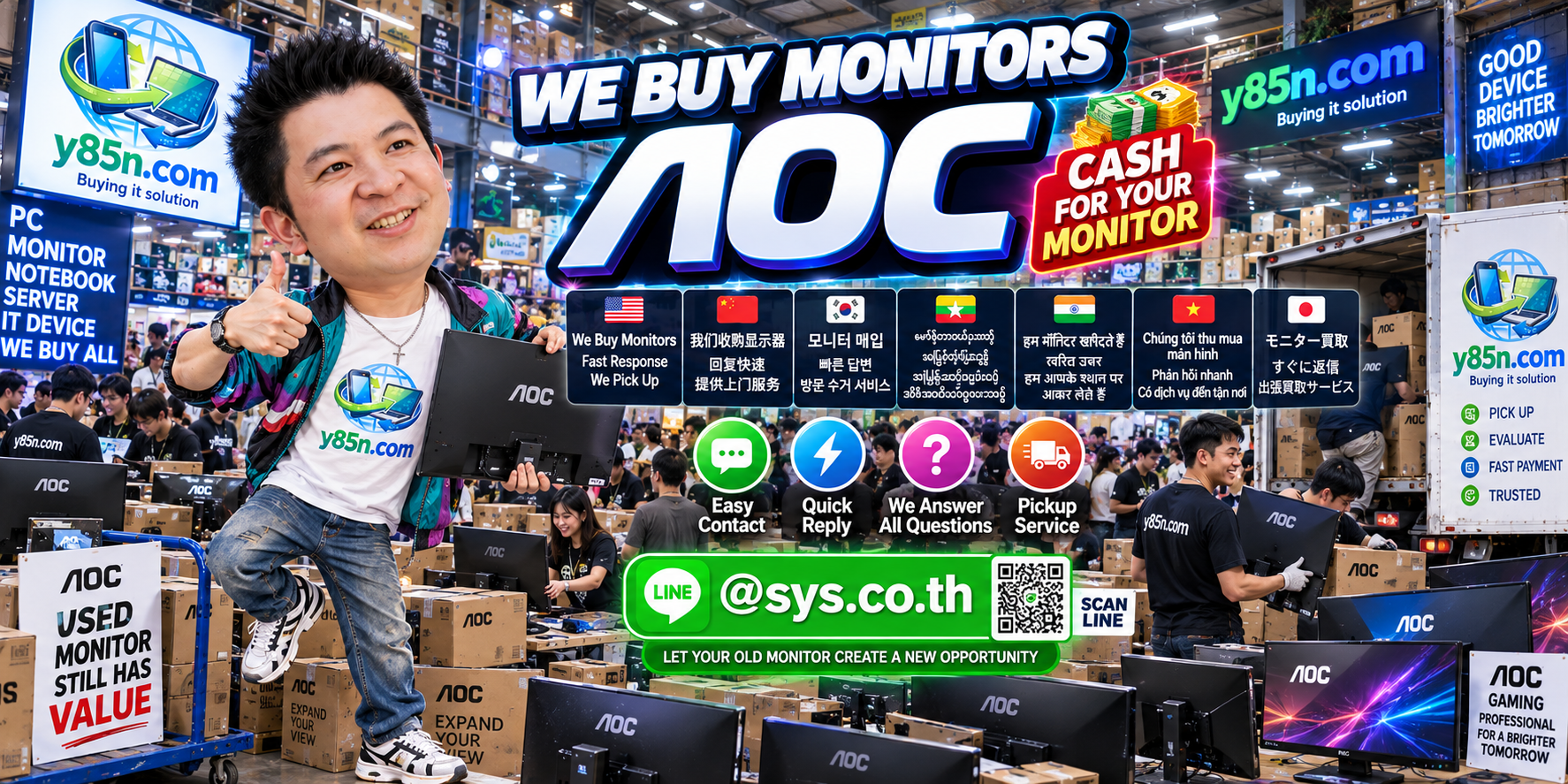 Y85N.com AOC monitor buying service contact banner with LINE at sys.co.th