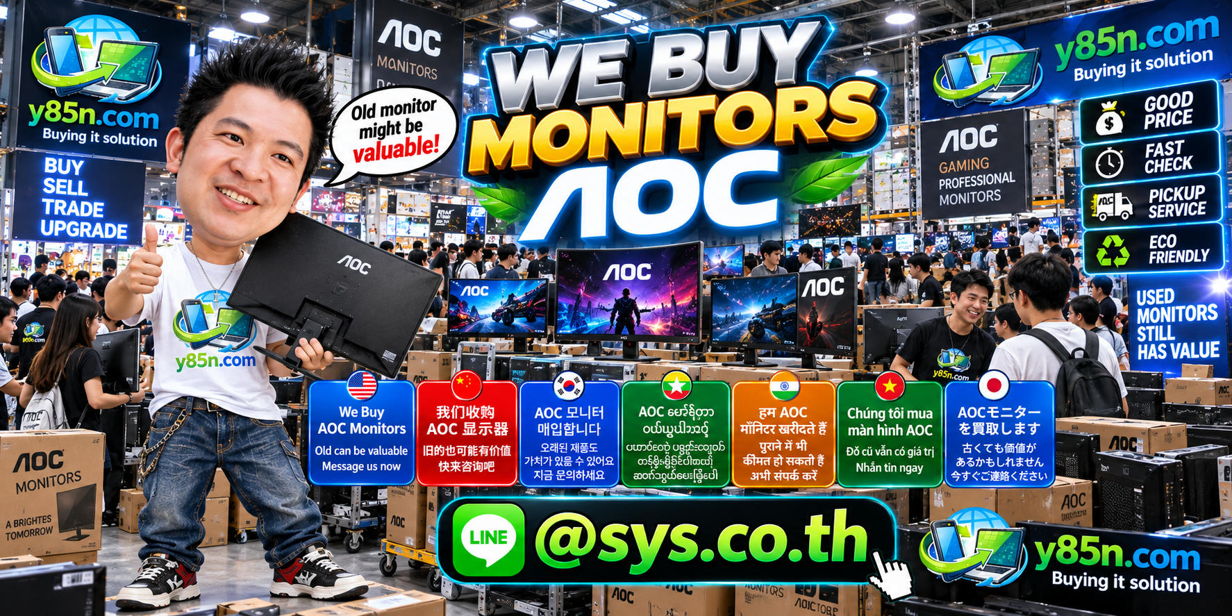 Busy Y85N.com warehouse buying AOC monitors in Thailand