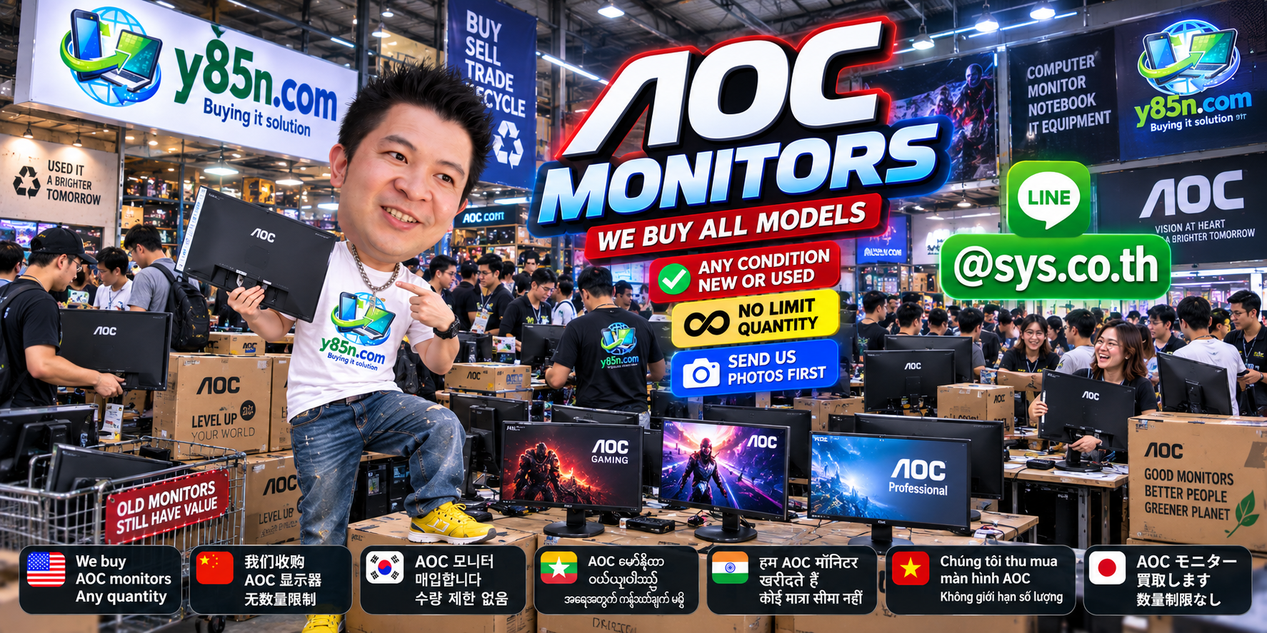 Y85N.com team and customers at a busy warehouse buying AOC monitors