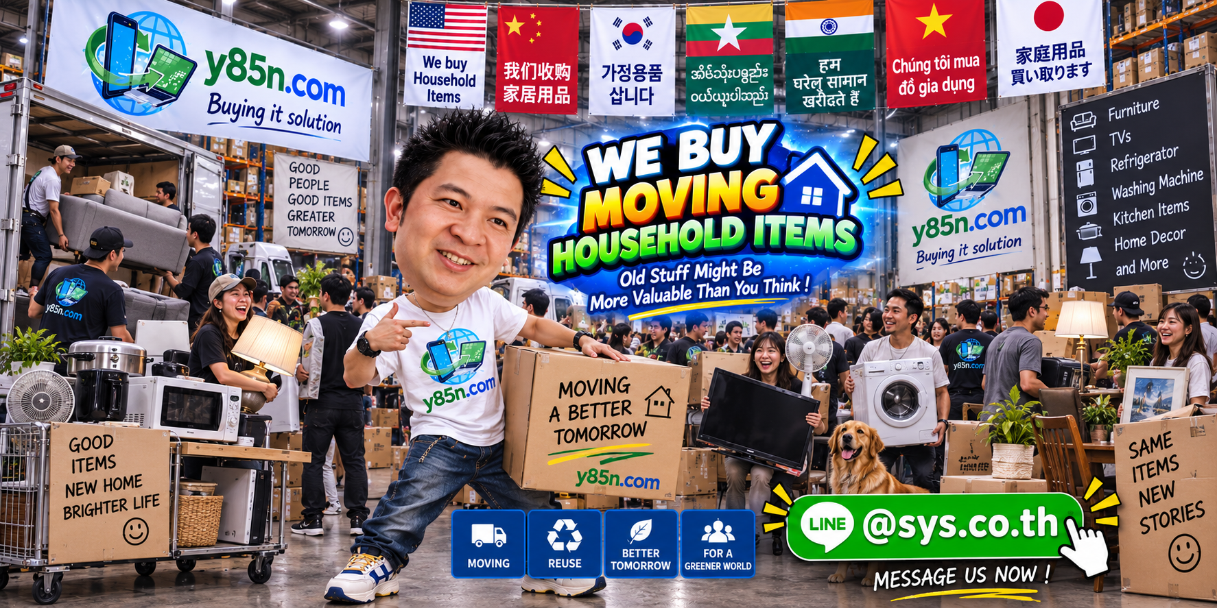 Busy Y85N.com warehouse buying moving household items in Thailand