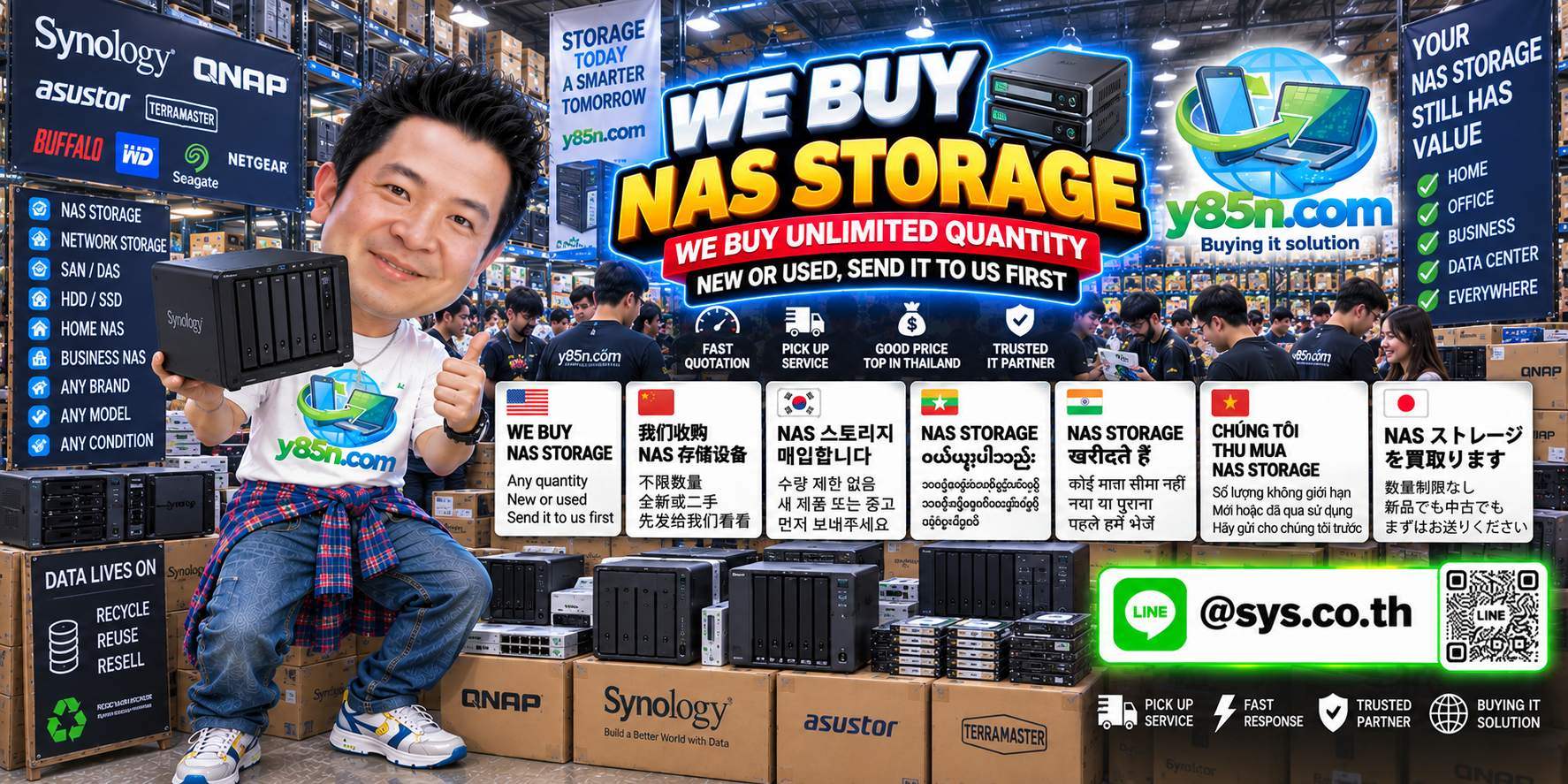 Y85N.com team and customers at a busy NAS Storage buying warehouse
