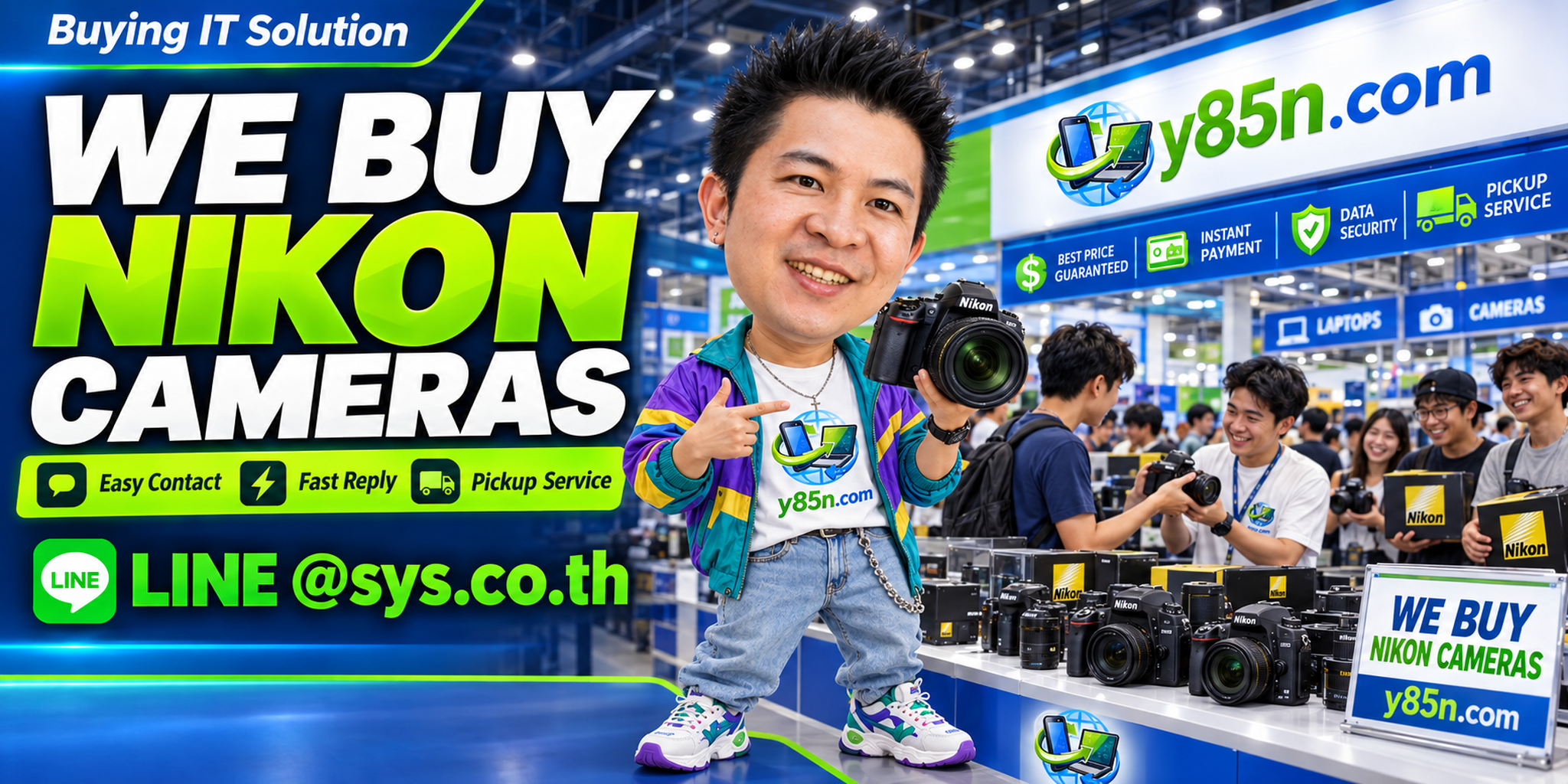 Y85N.com Nikon camera buying service contact banner with LINE at sys.co.th