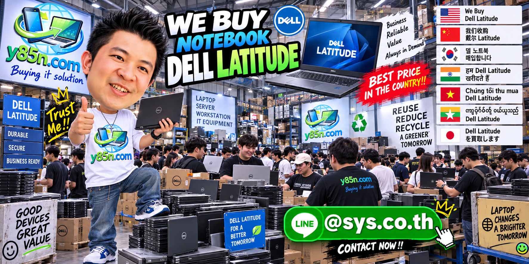 Y85N.com warehouse buying used Dell Latitude notebooks in Thailand